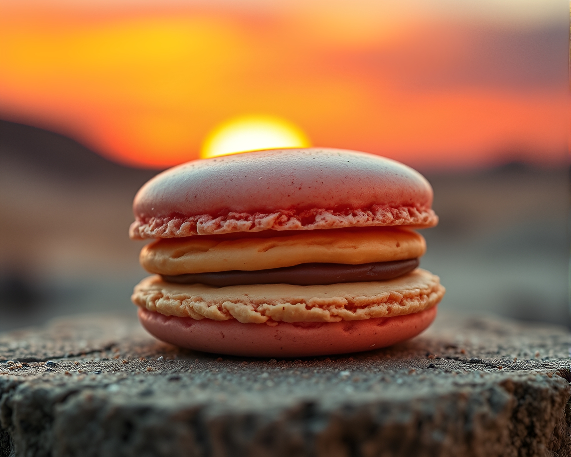 Cubist Macaron Double Exposure at Desert Sunset – free AI stock image