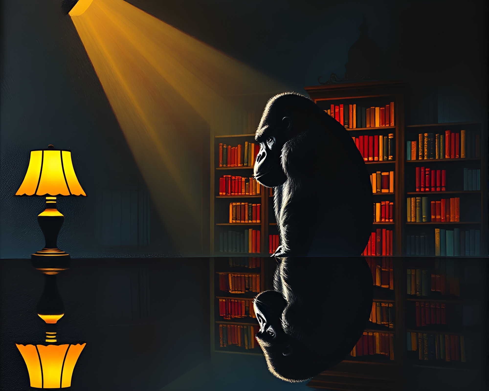 Gorilla Shadow in Library Lamp Light Reflections – free AI stock image