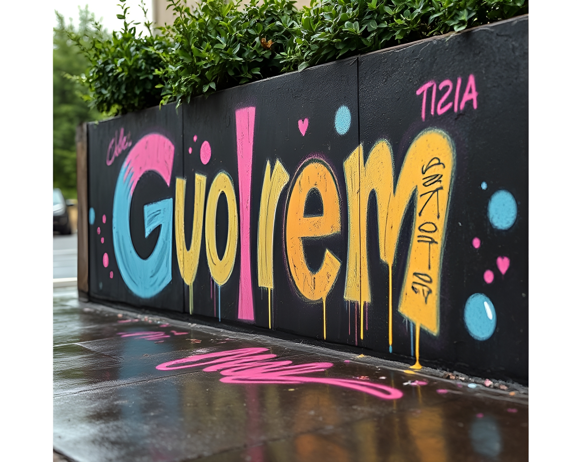 Golem Street: Pastel Graffiti Calligraphy on Wet Pavement – free AI stock image