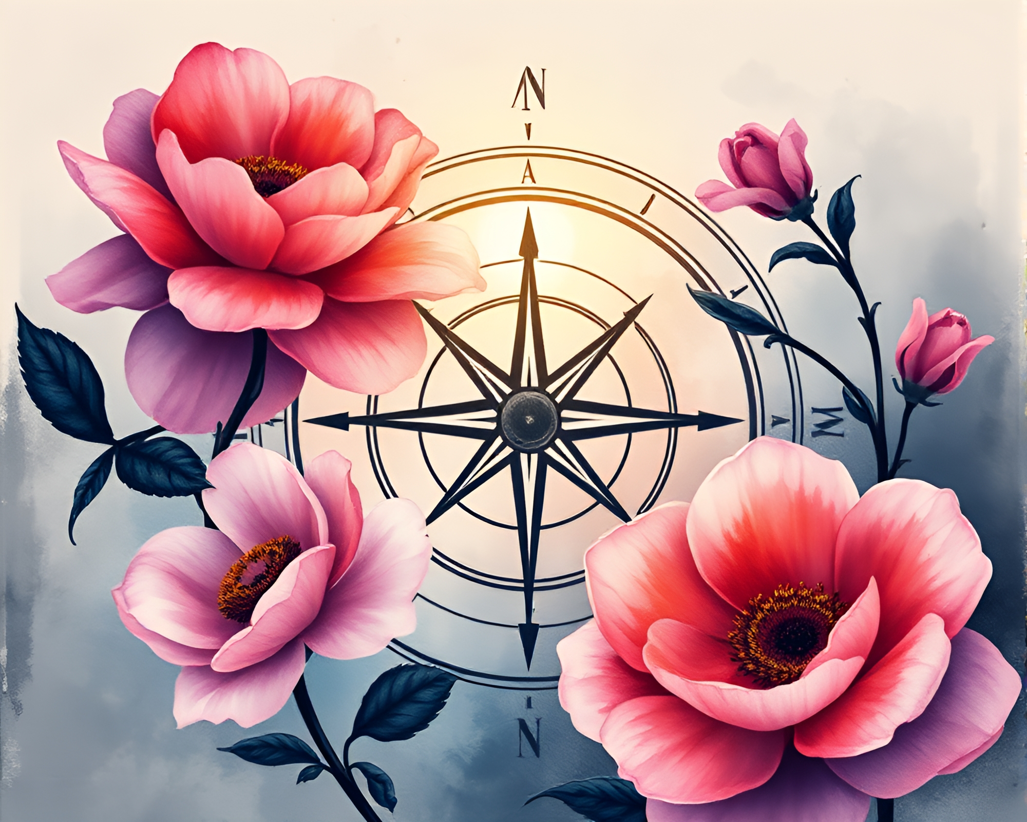 Antique Compass Blooming Eclipse Shadow in Synthwave Watercolor – free AI stock image