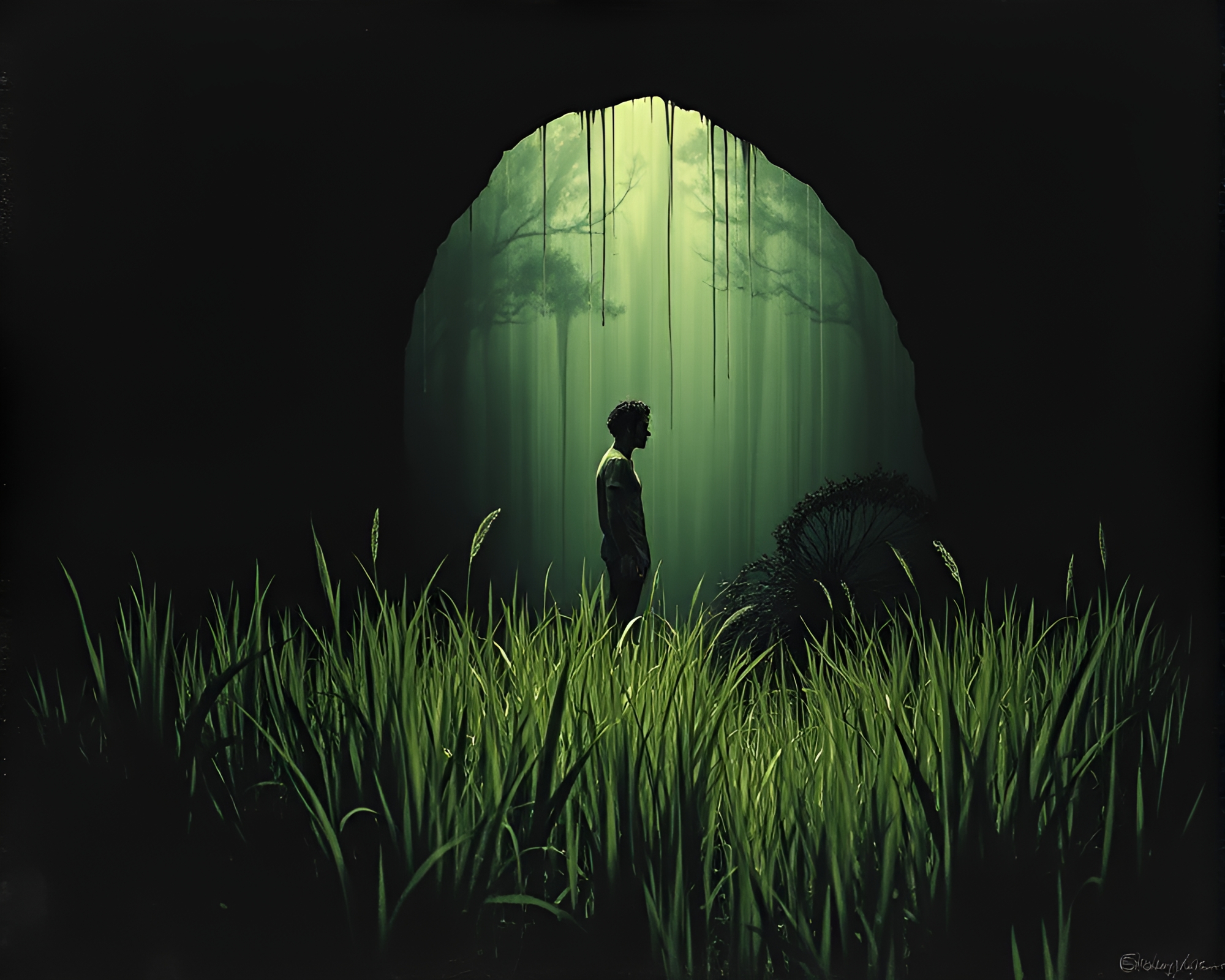 Savannah Grass Cave Entrance Ink Wash Drips – free AI stock image