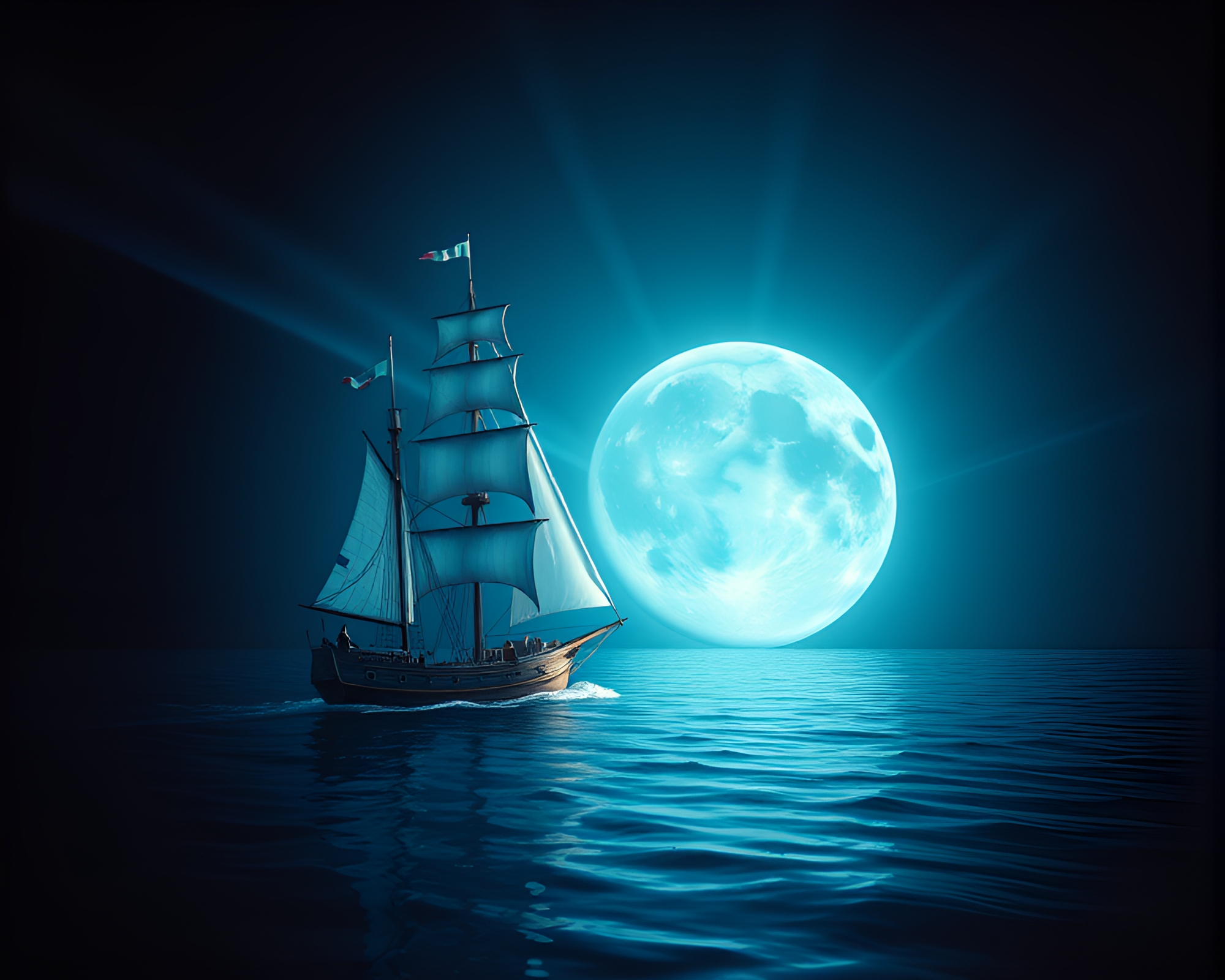 Sailing Ship engulfed in Laser Beam Light Show – free AI stock image