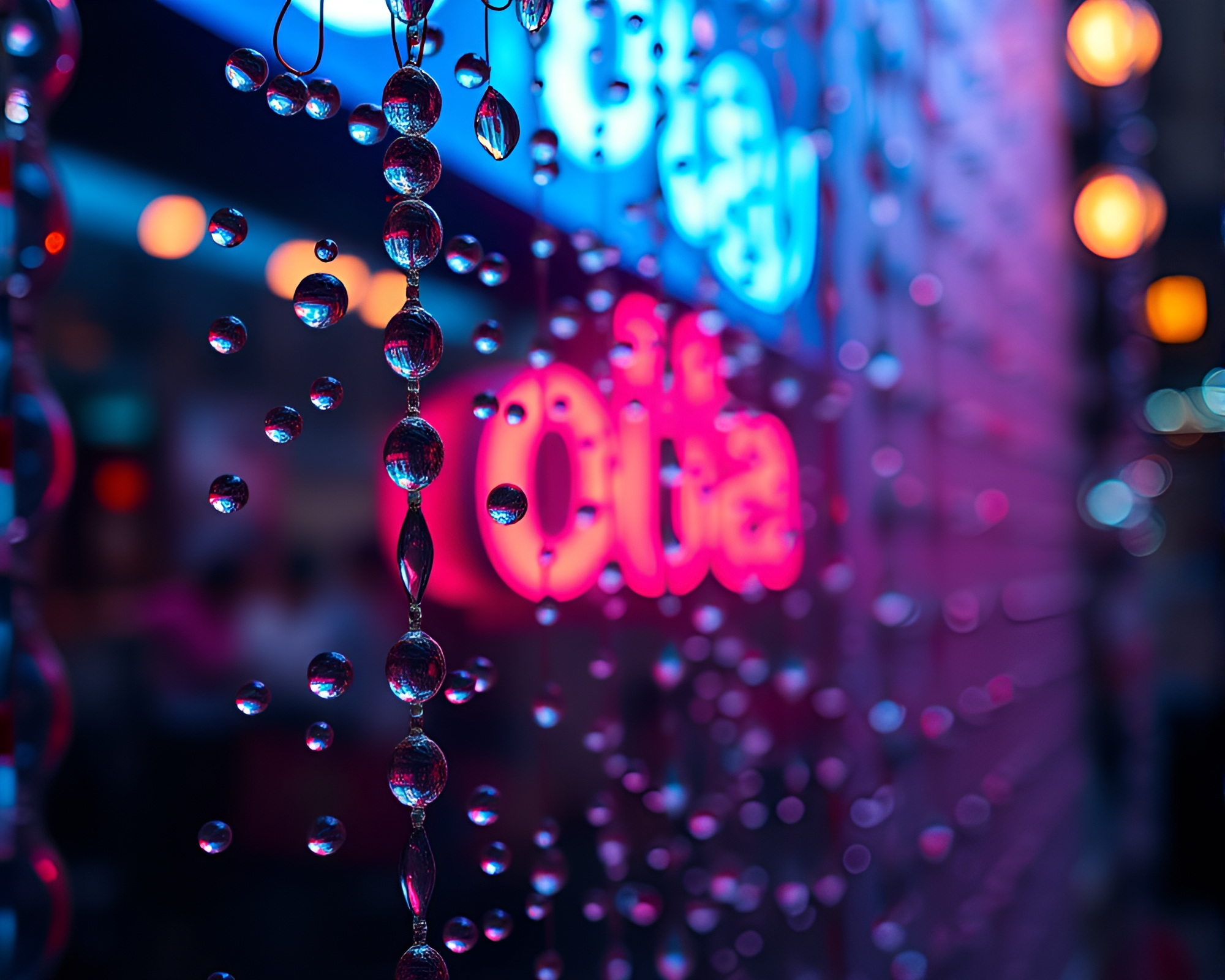 Neon Dreams: Vibrant Beads on Rainy City Night – free AI stock image