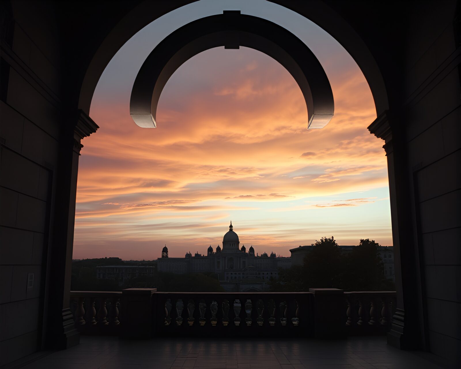 Duochrome art of walrus statue in architectural frame at dawn