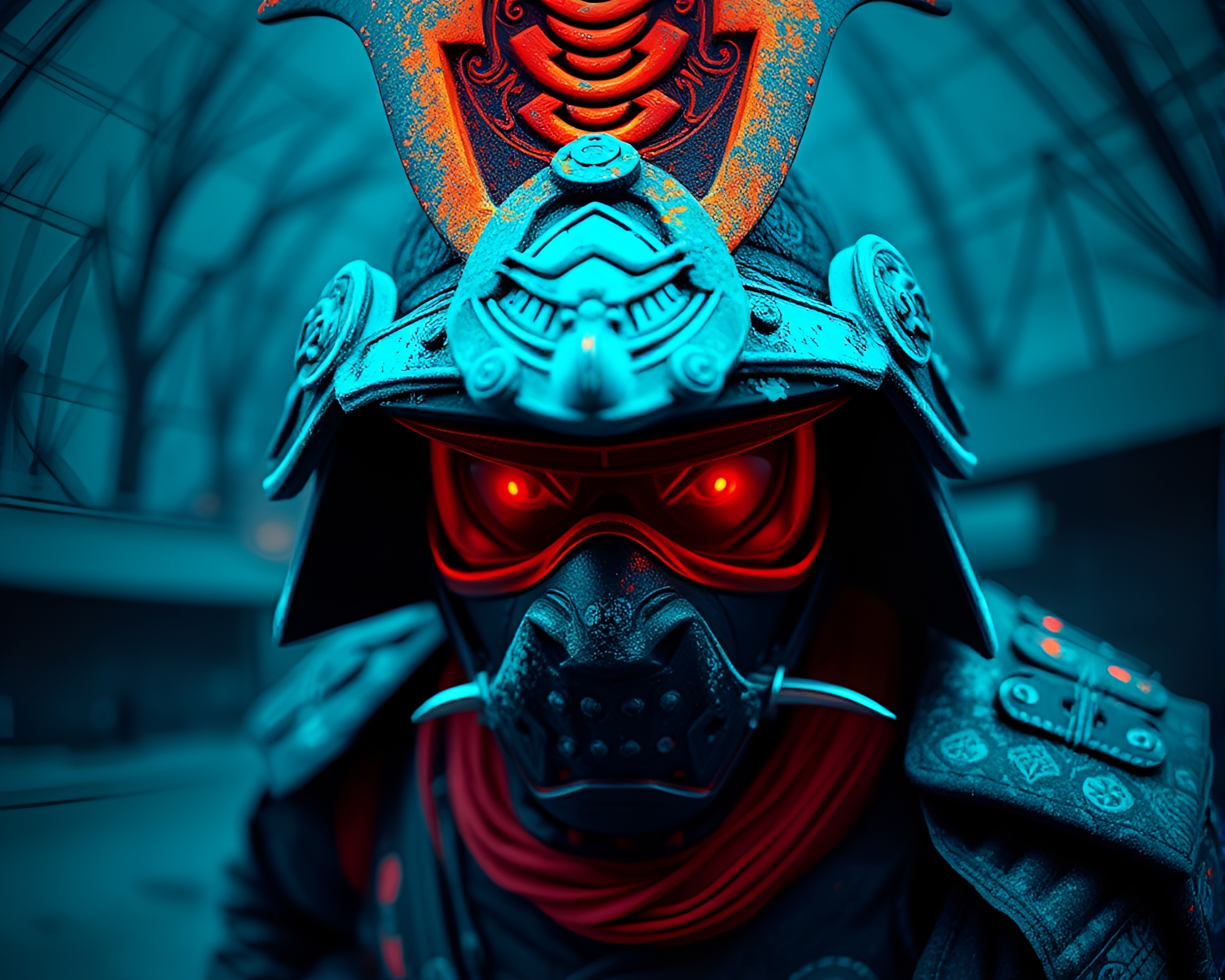 Turquoise Samurai Warrior: Thermal Imaging Fisheye Composition – free AI stock image