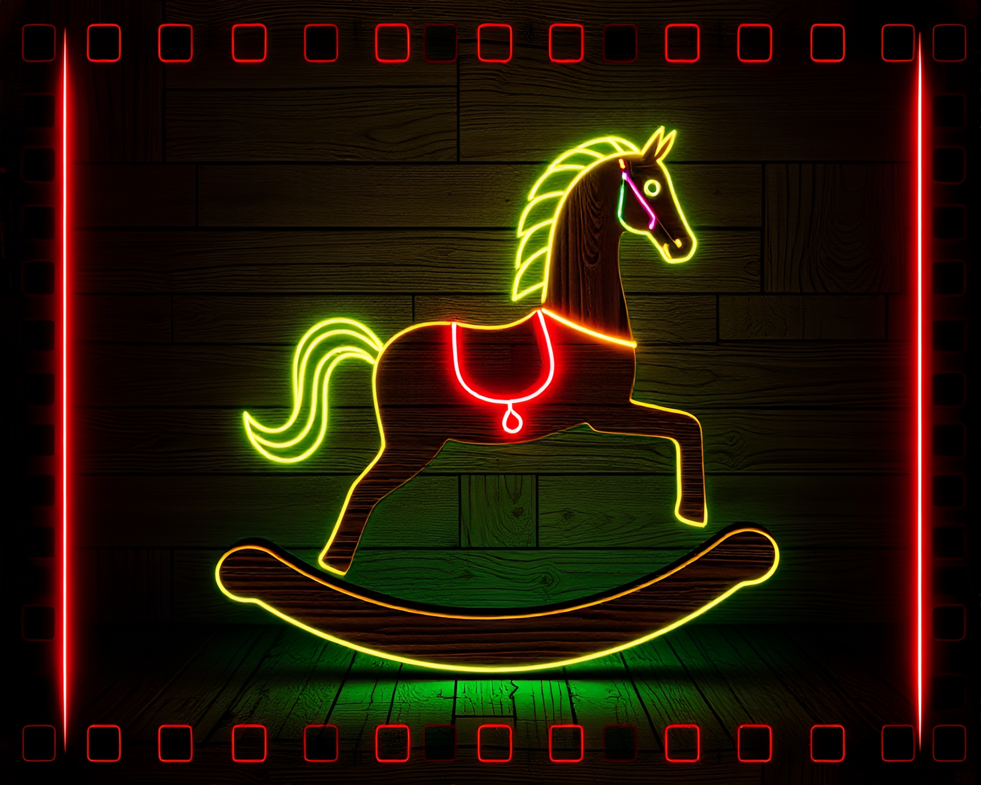 Rocking Horse Neon Graffiti Composition – free AI stock image