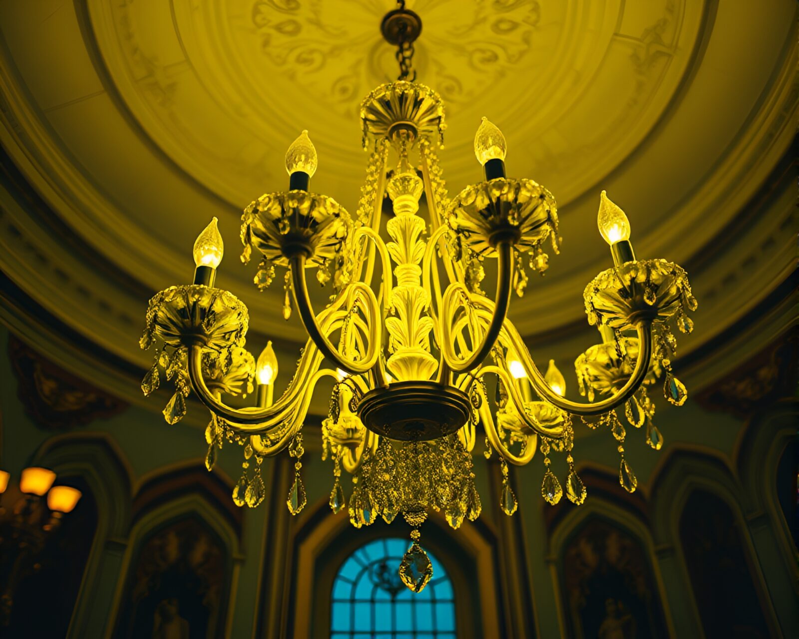 Vibrant pop art scene with a lemon yellow gothic chandelier