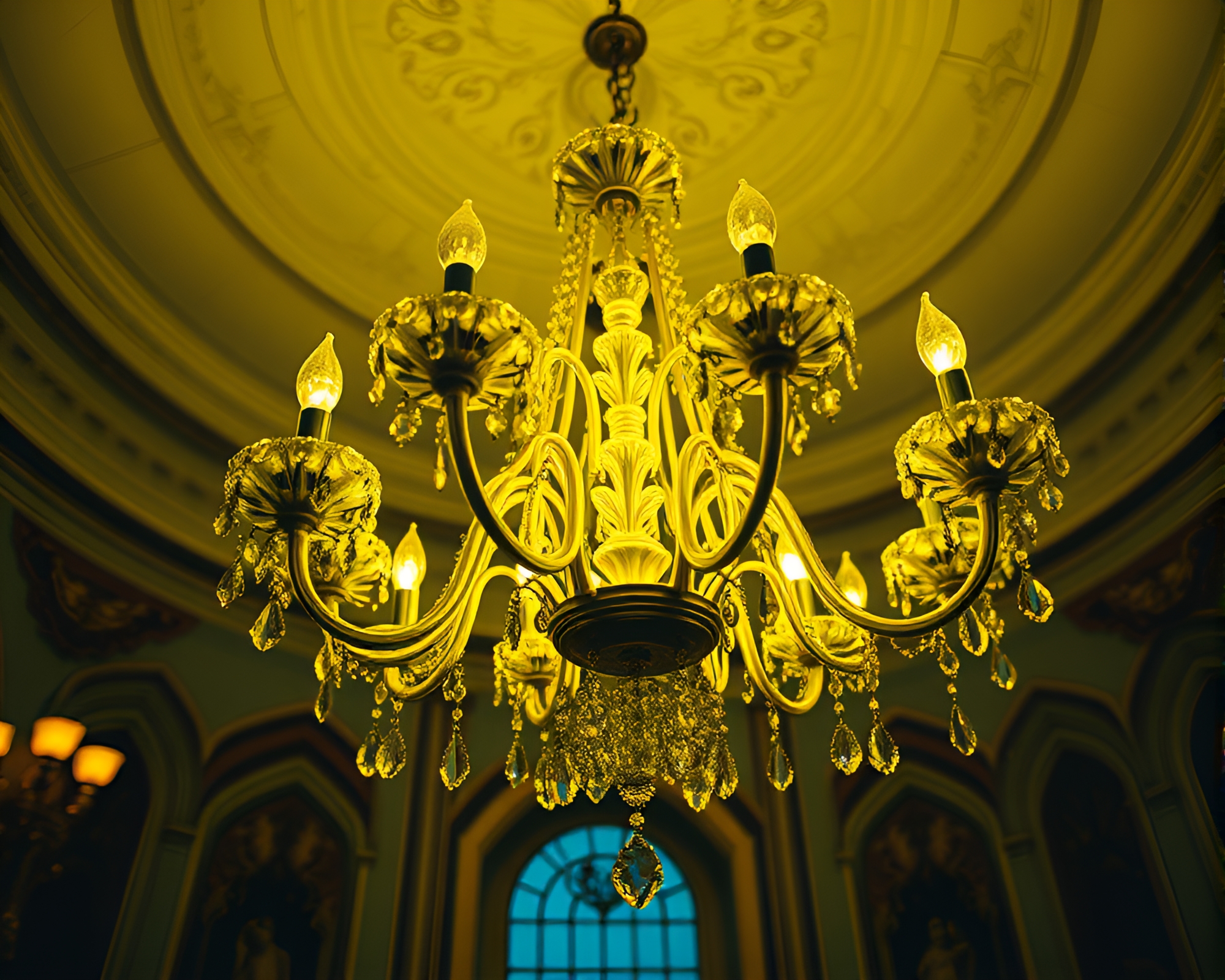 Gothic Chandelier Illuminated in Lemon Yellow Pop Art – free AI stock image