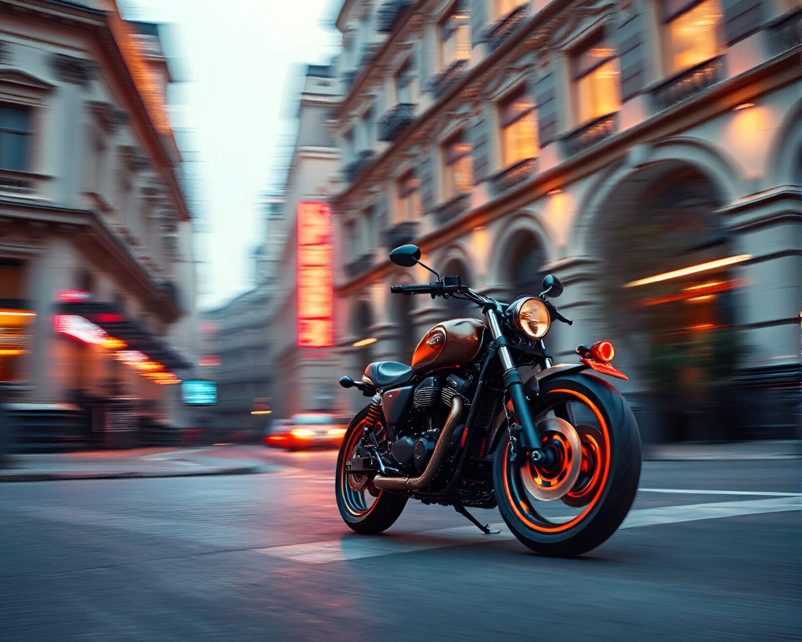 Glowing bronze motorcycle speeds through futuristic cityscape at night