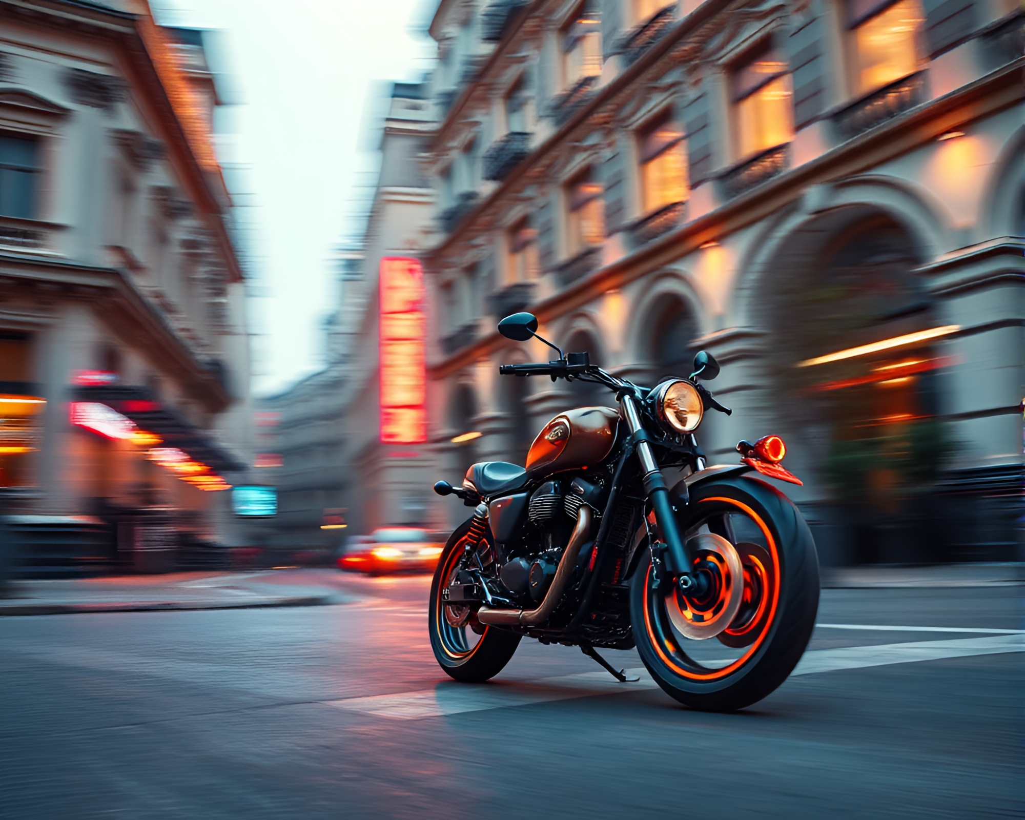 Neon Motorcycle Racing through Architectural Dreamscape – free AI stock image
