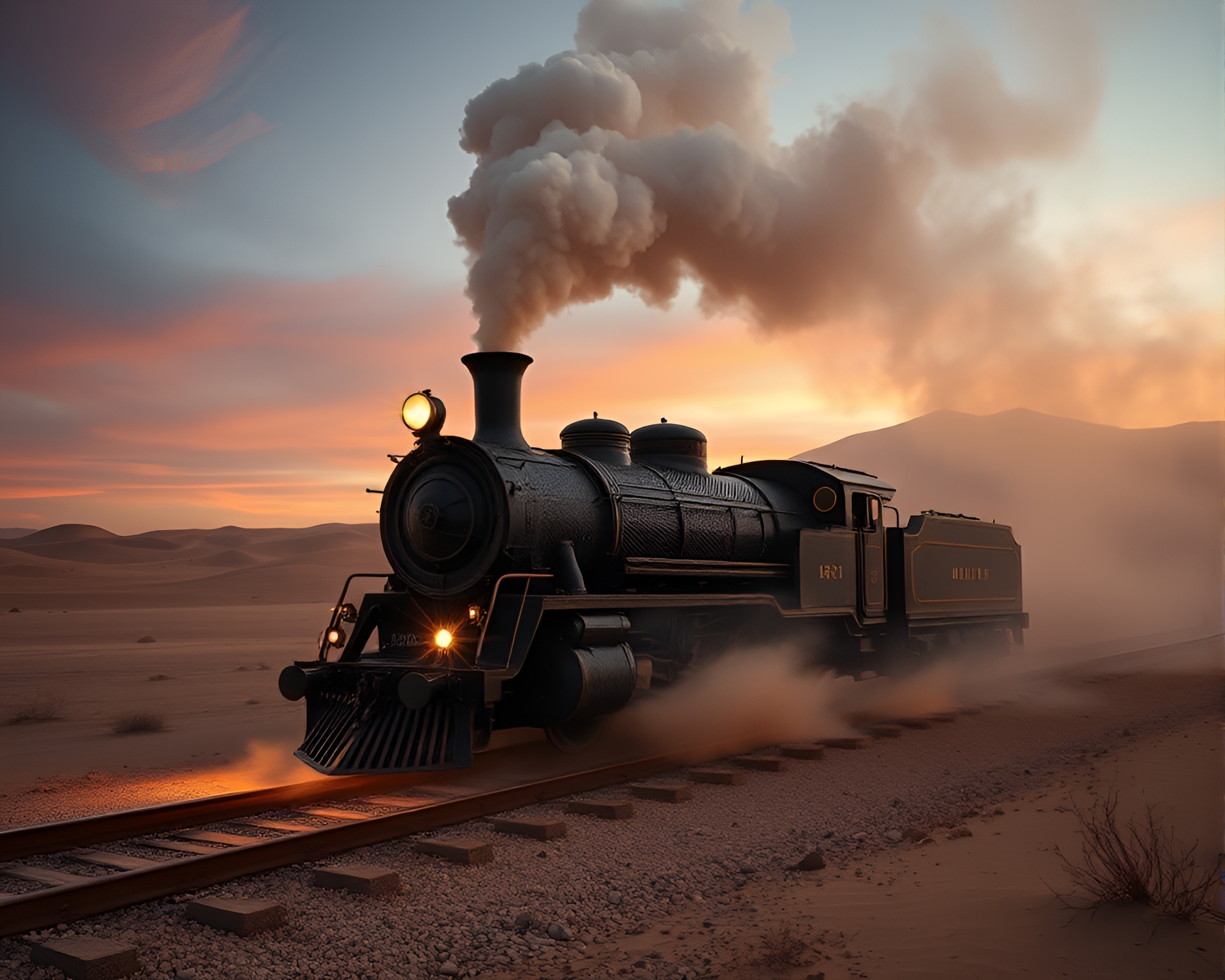 Intricate Fingerprint Swirl on Steam Locomotive in Desert Hues – free AI stock image