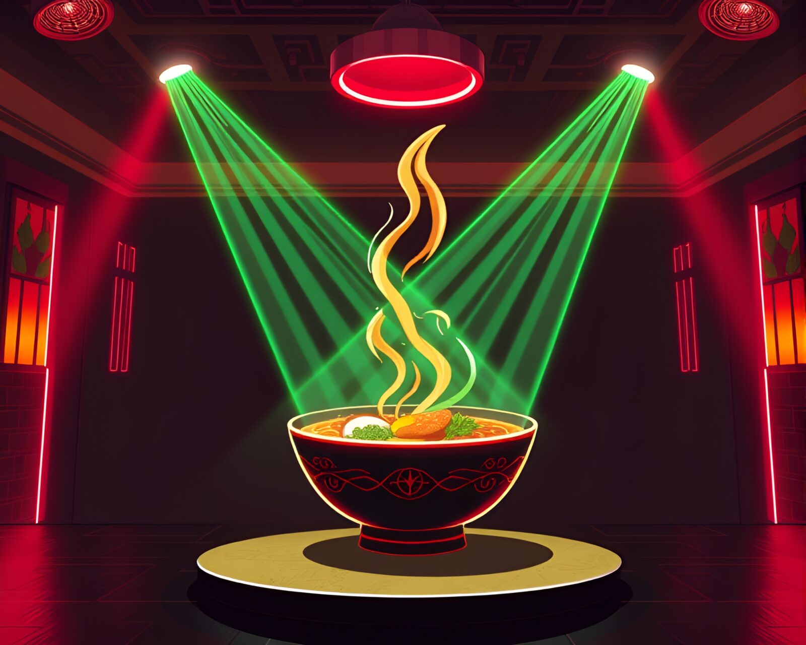 Vibrant ramen bowl illuminated by laser beams in club setting