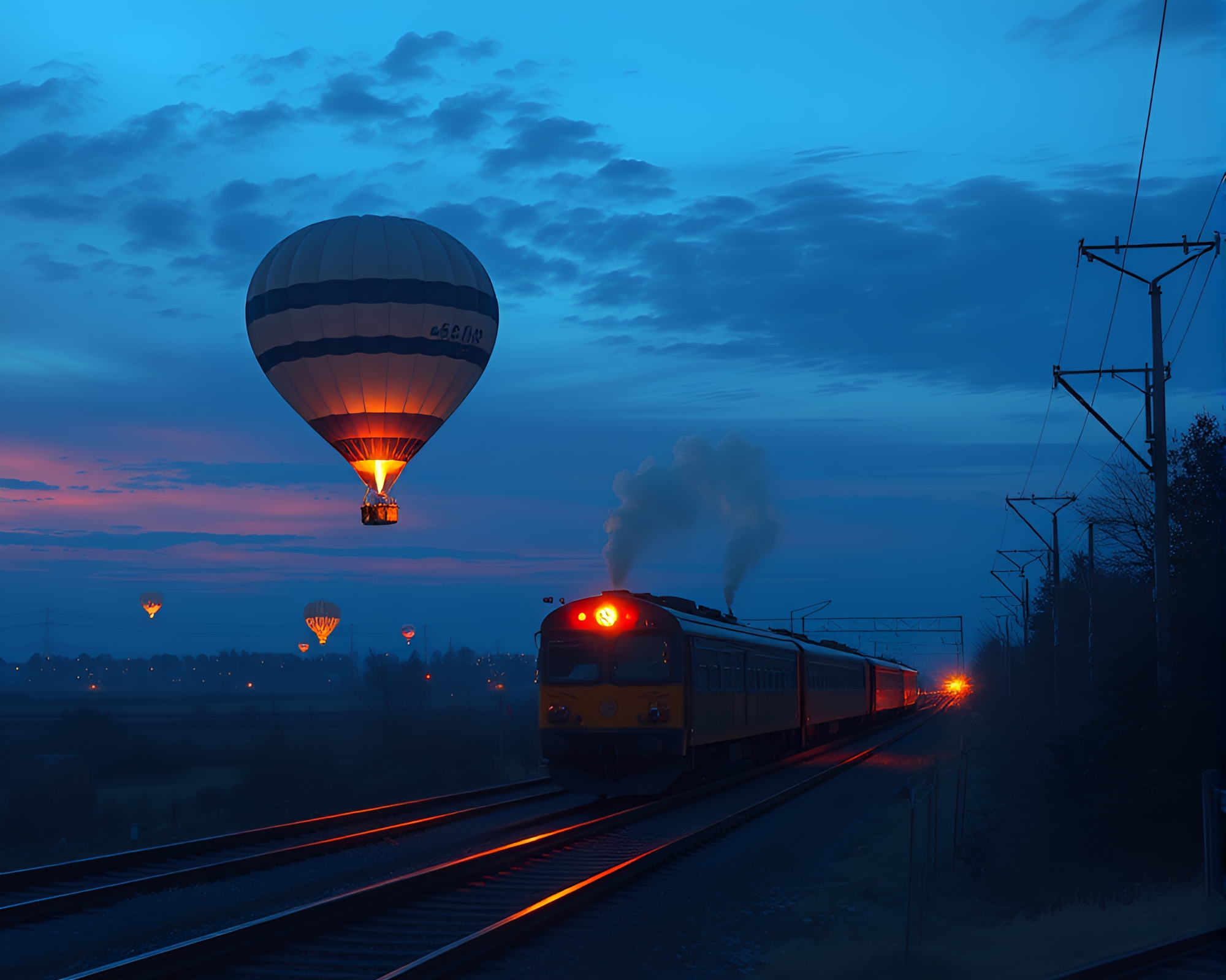 Twilight Hot Air Balloon Train Light Trails Painting – free AI stock image