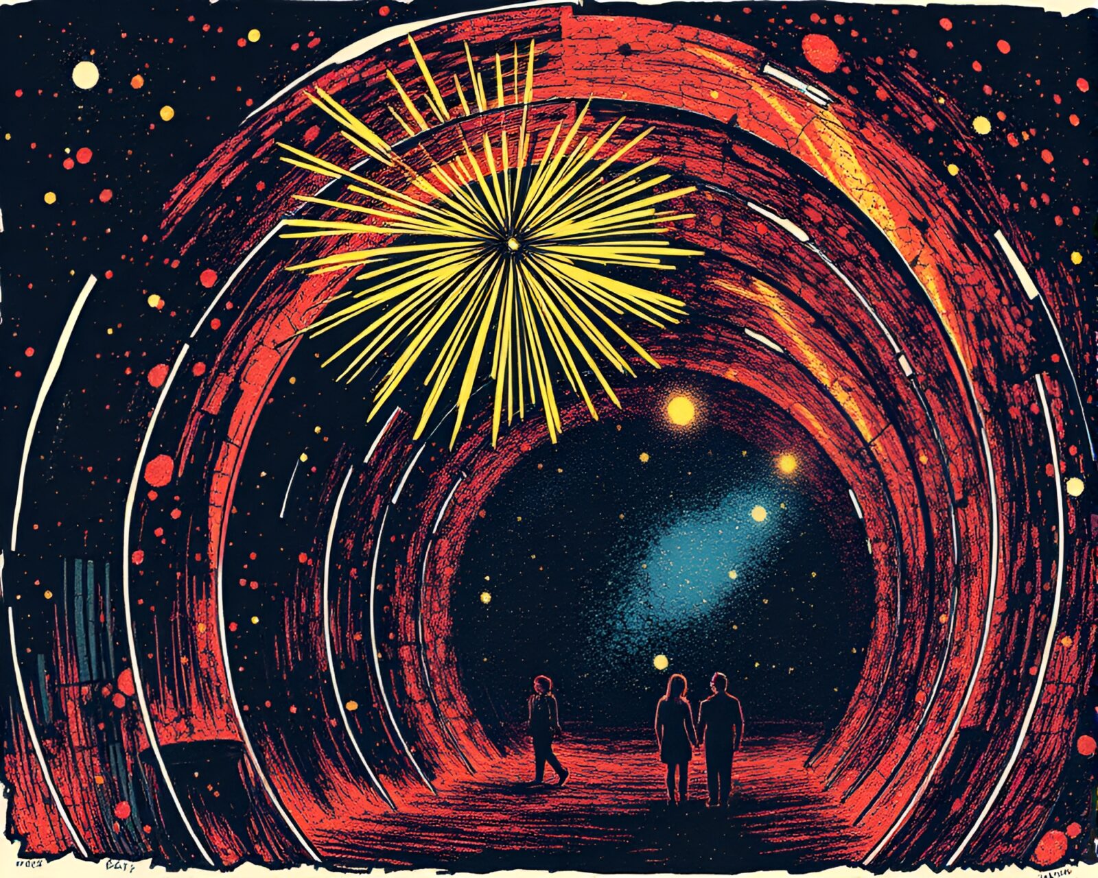 Intricate linocut texture illustration of glass tunnel with vibrant festival fireworks glow