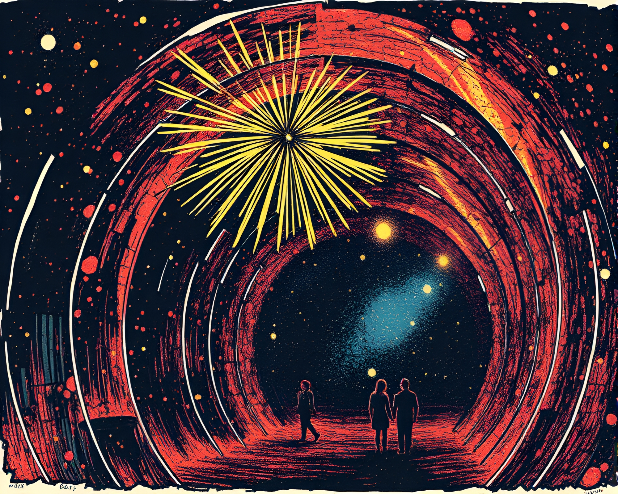 Glass Tunnel Festival Fireworks Woodcut Print – free AI stock image
