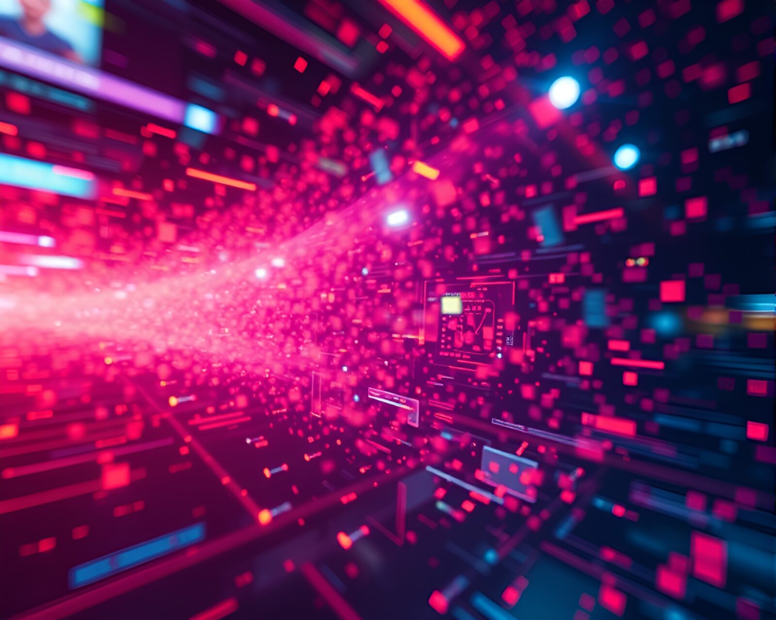 Nanobots swirling in vibrant neon gradients under slow shutter