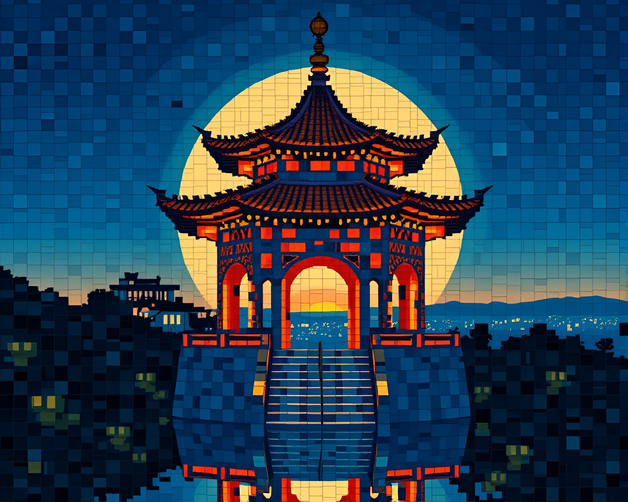 Twilight Pagoda Tiled Mosaic Algorithmic Art – free AI stock image