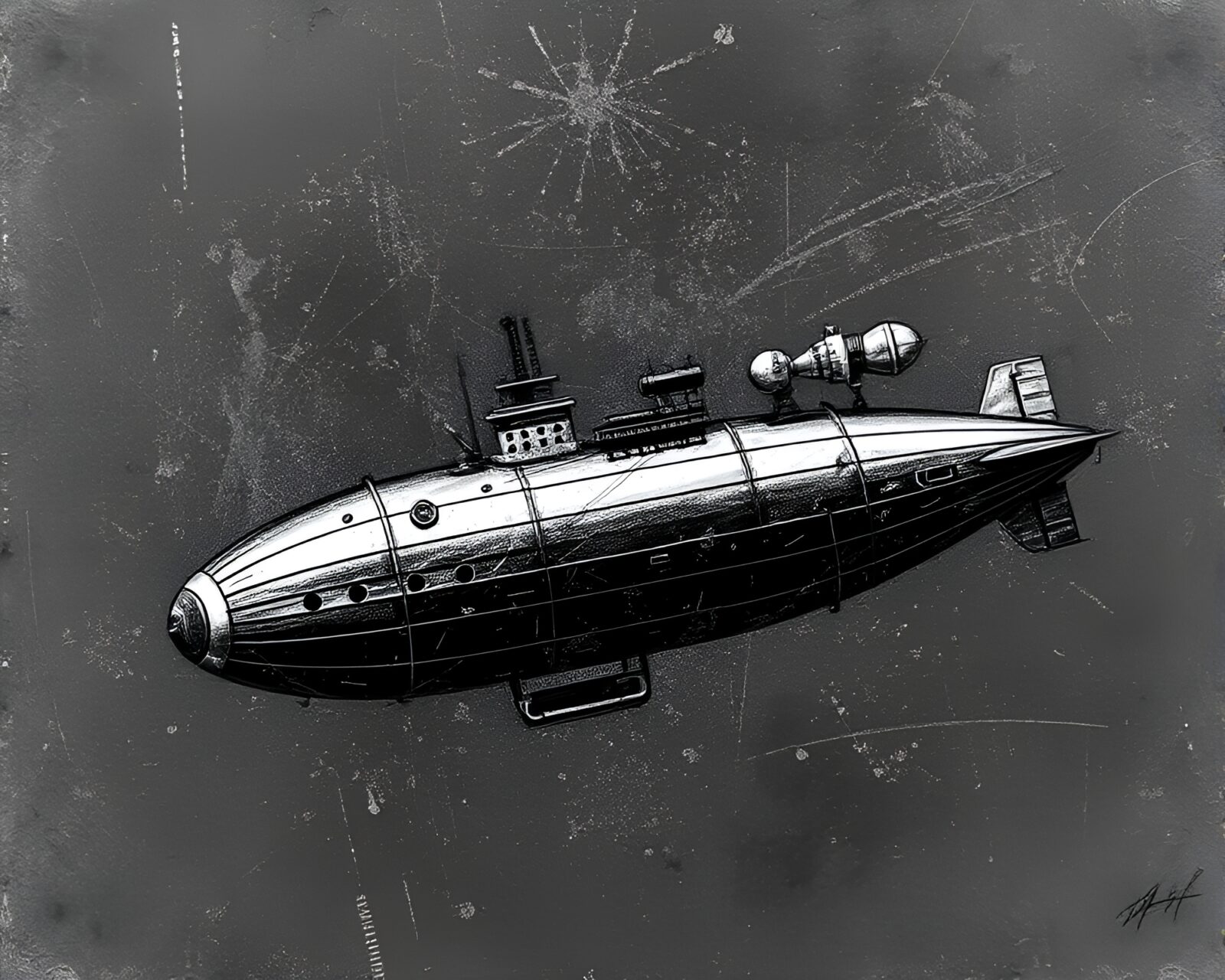 Black and white image of a steampunk airship