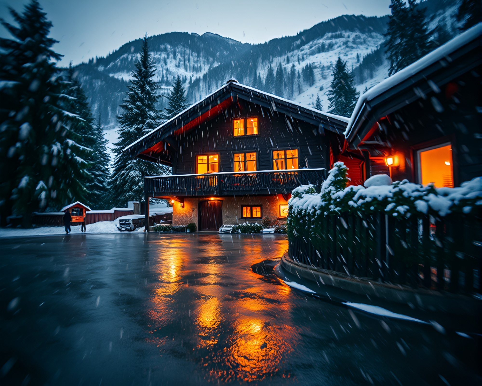 Swirling Lens Distorted Alpine Chalet in Rainy Reflections – free AI stock image