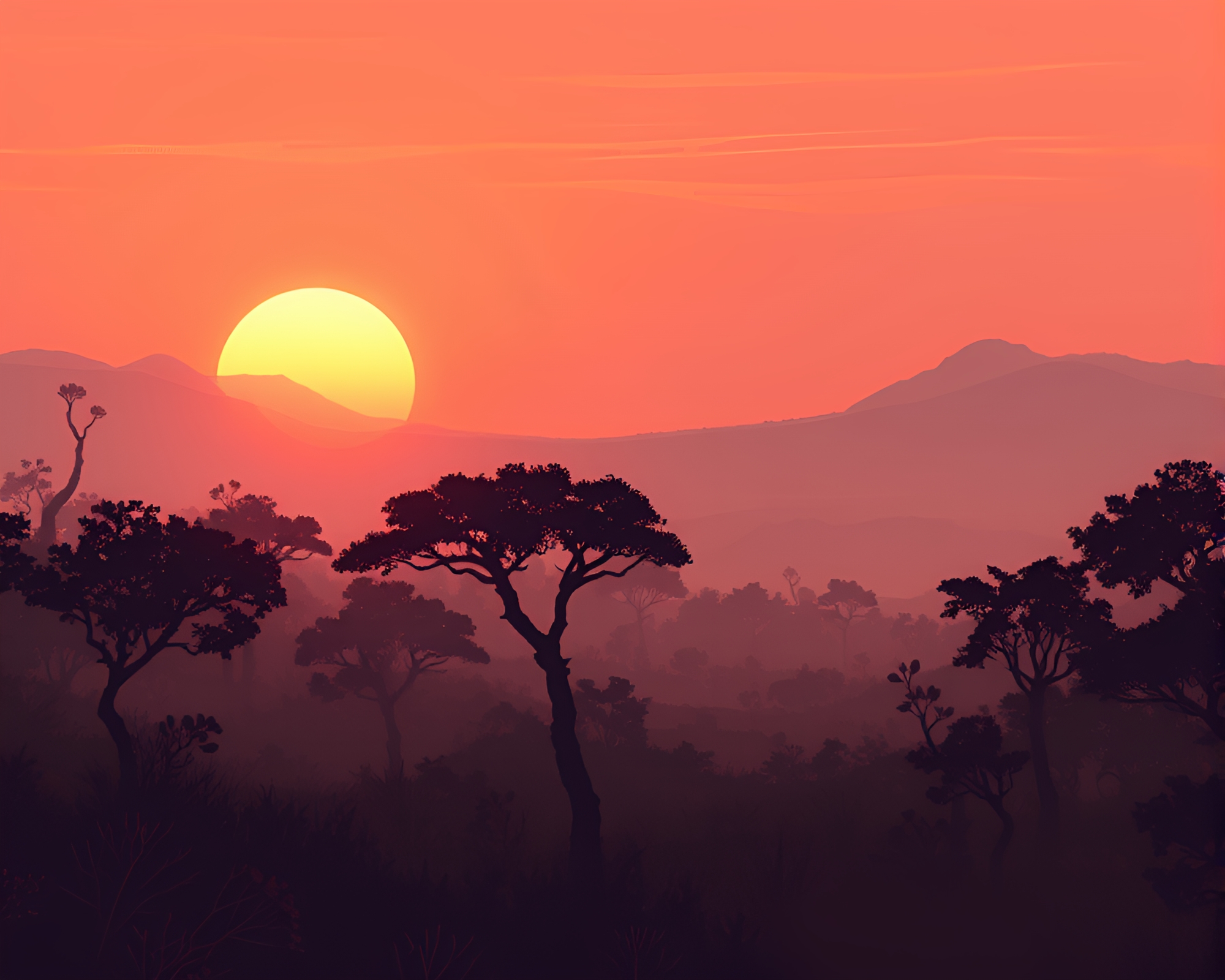 8-Bit Surreal Savanna Sunset Scene with Tilted Angles – free AI stock image