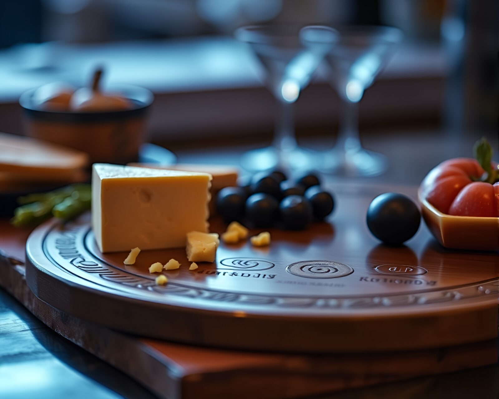 Exquisite cheese selection on intricately engraved platter