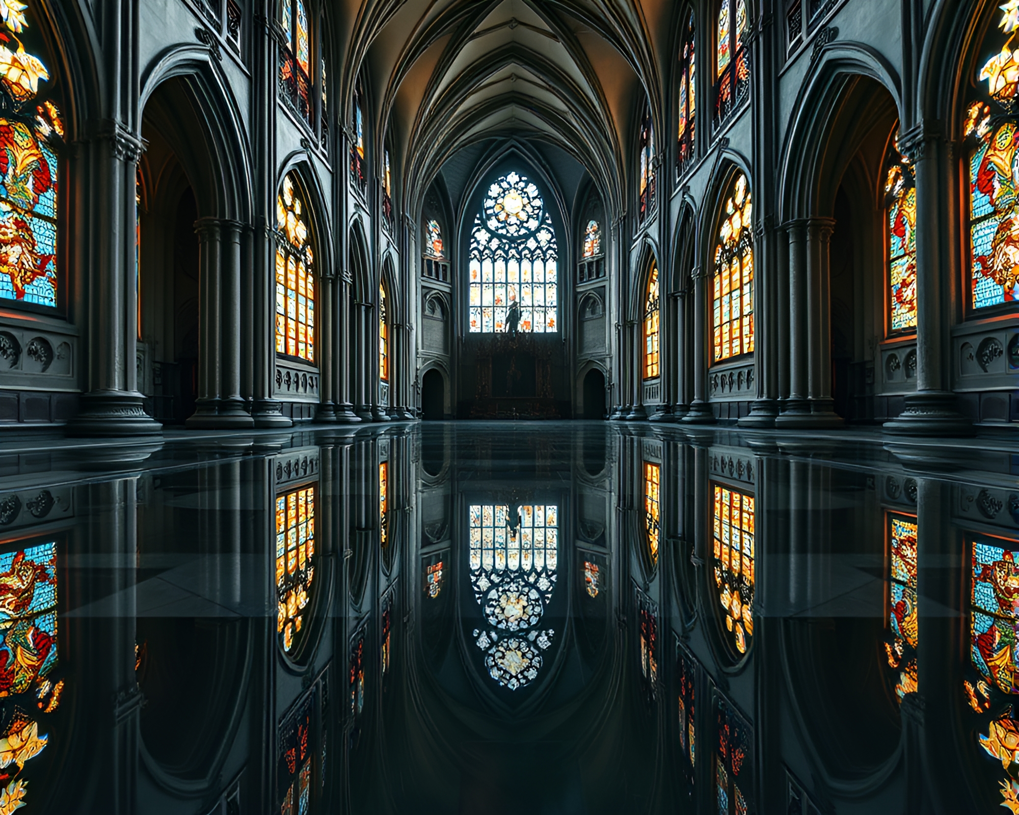Symmetrical Neo-Gothic Cathedral in Tenebrism Light – free AI stock image