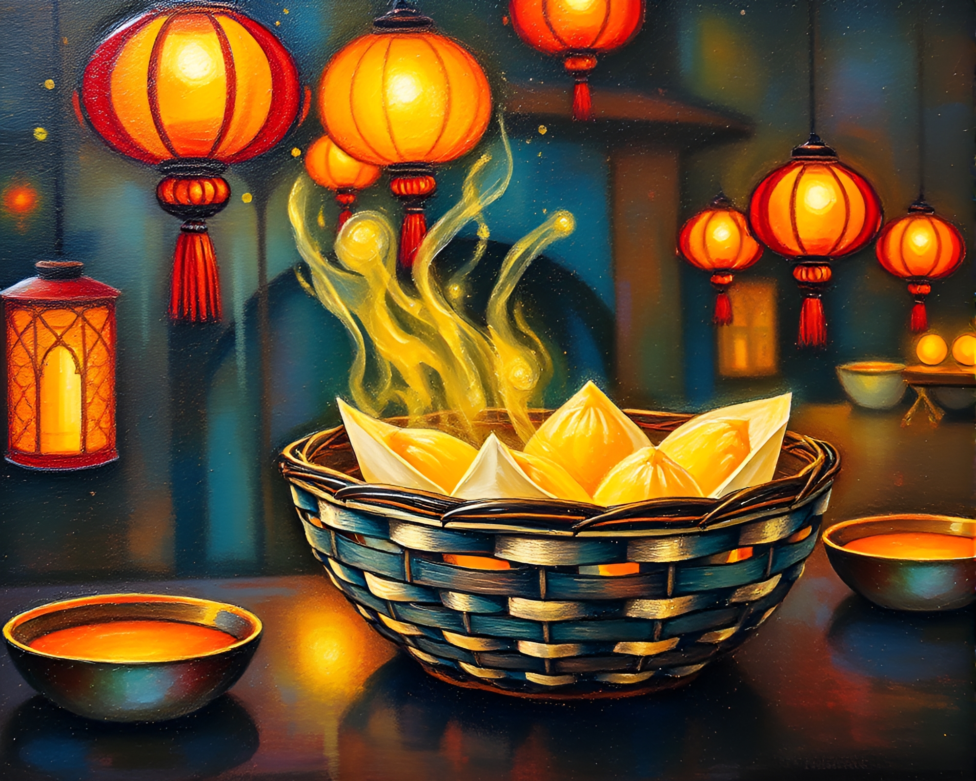 Glowing Dim Sum Delight: Acrylic Spatters & Egg Tempera Magic – free AI stock image