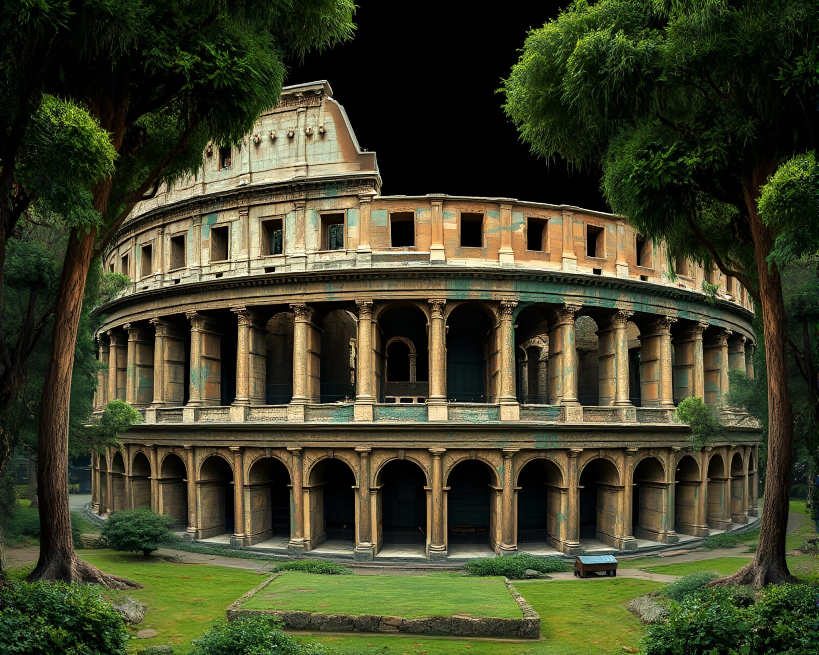 Majestic coliseum immersed in forest green with bronze patina