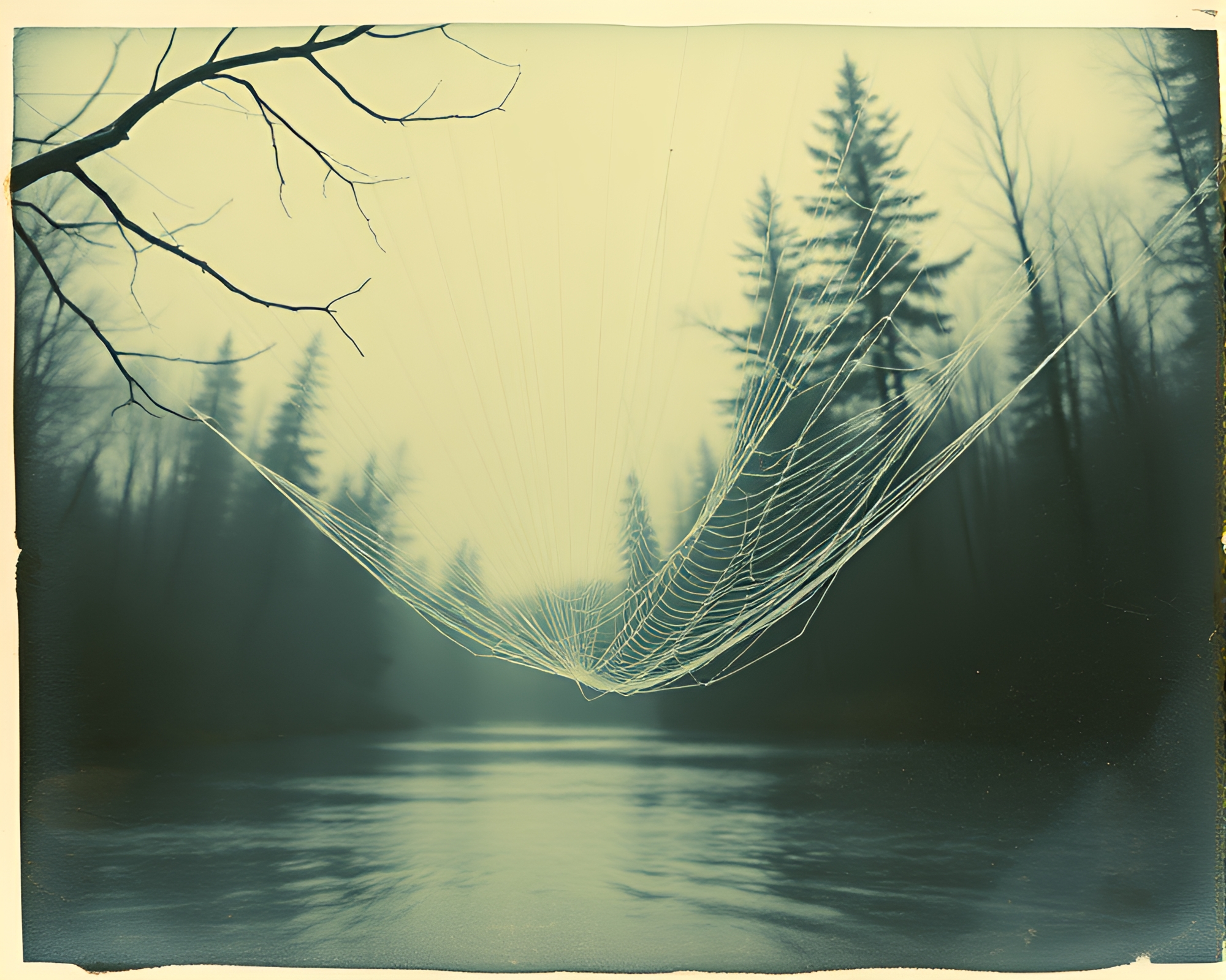 Savage River Encounter: Cobweb Strands in Vintage Style – free AI stock image