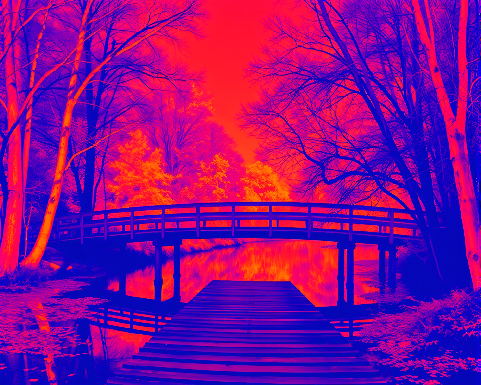 Ethereal Wooden Bridge Silhouette in Thermal Imaging – free AI stock image