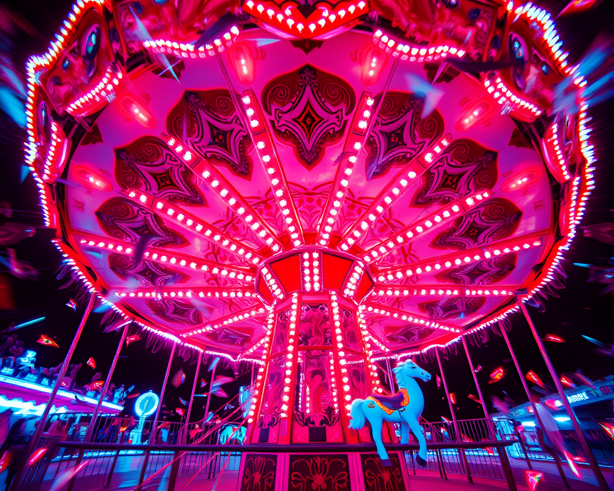 Neon Carnival Carousel in Infrared Kaleidoscope Fragments – free AI stock image
