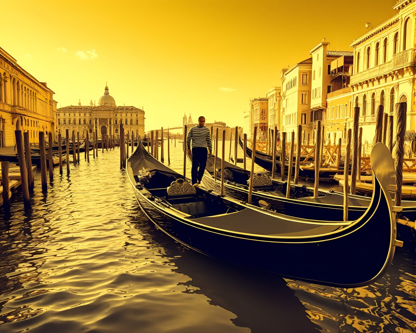 Majestic gondola with gold accents reflecting warm yellow hues