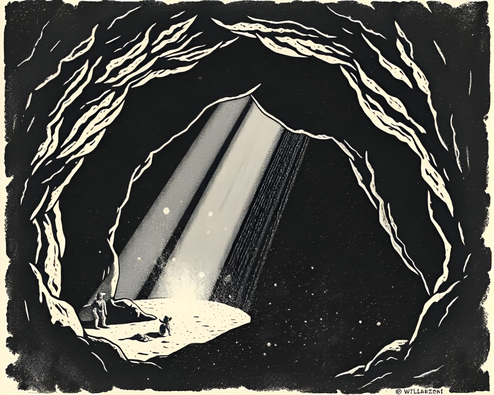 Unique linocut-style cave art of elusive off-center animal