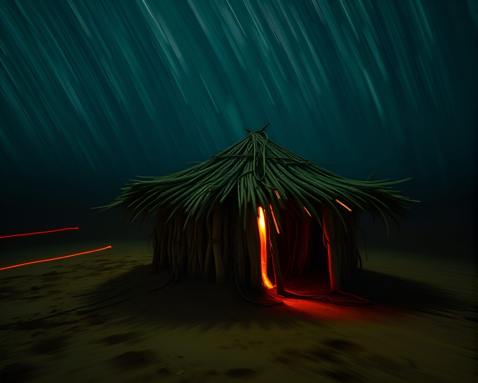 Vibrant pointillism of a glowing mud hut in motion.