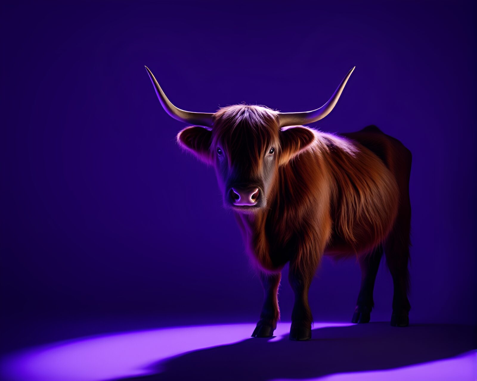 Highland cow bathed in ultraviolet light and shadow contrast