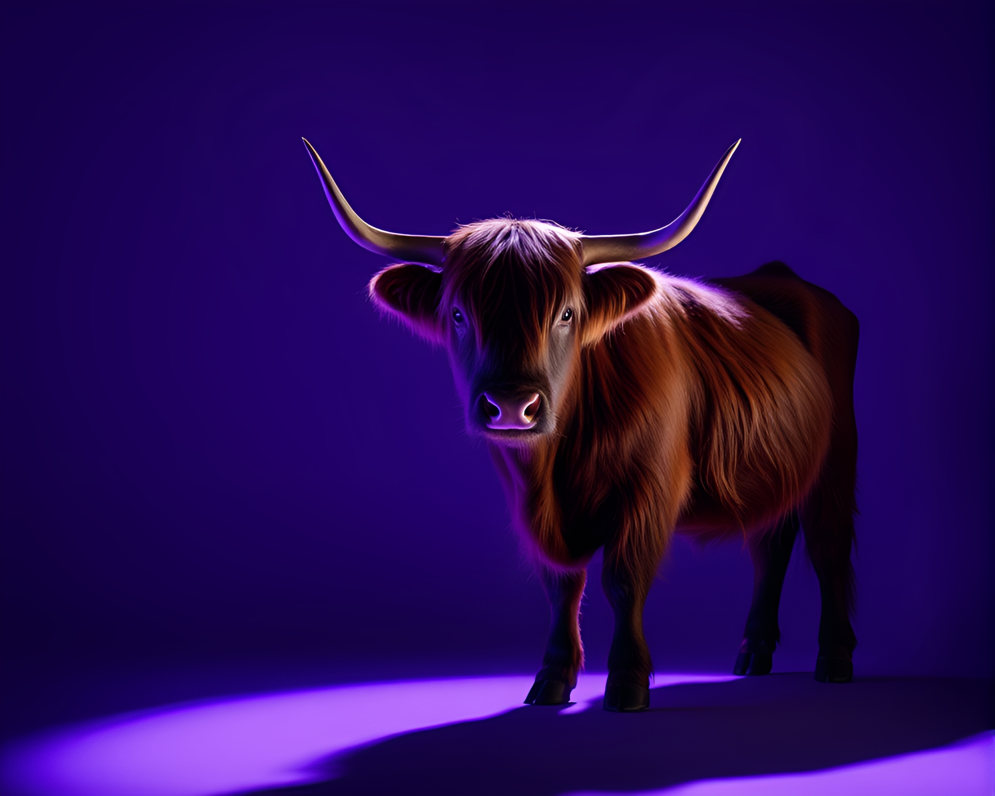 Majestic Highland Cow in Radiant Ultraviolet Spotlight – free AI stock image