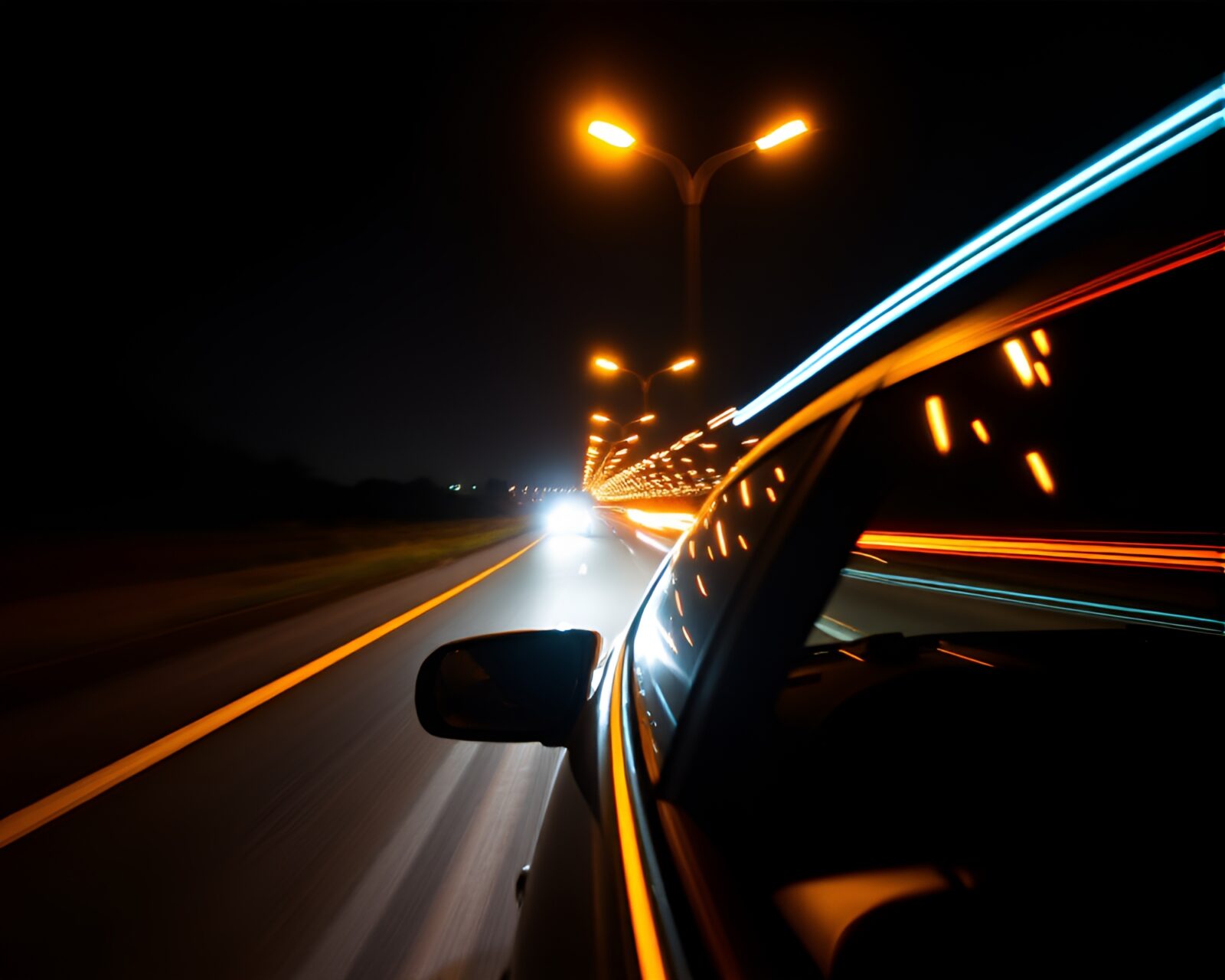 Ghostly figure surrounded by glowing car lights at night