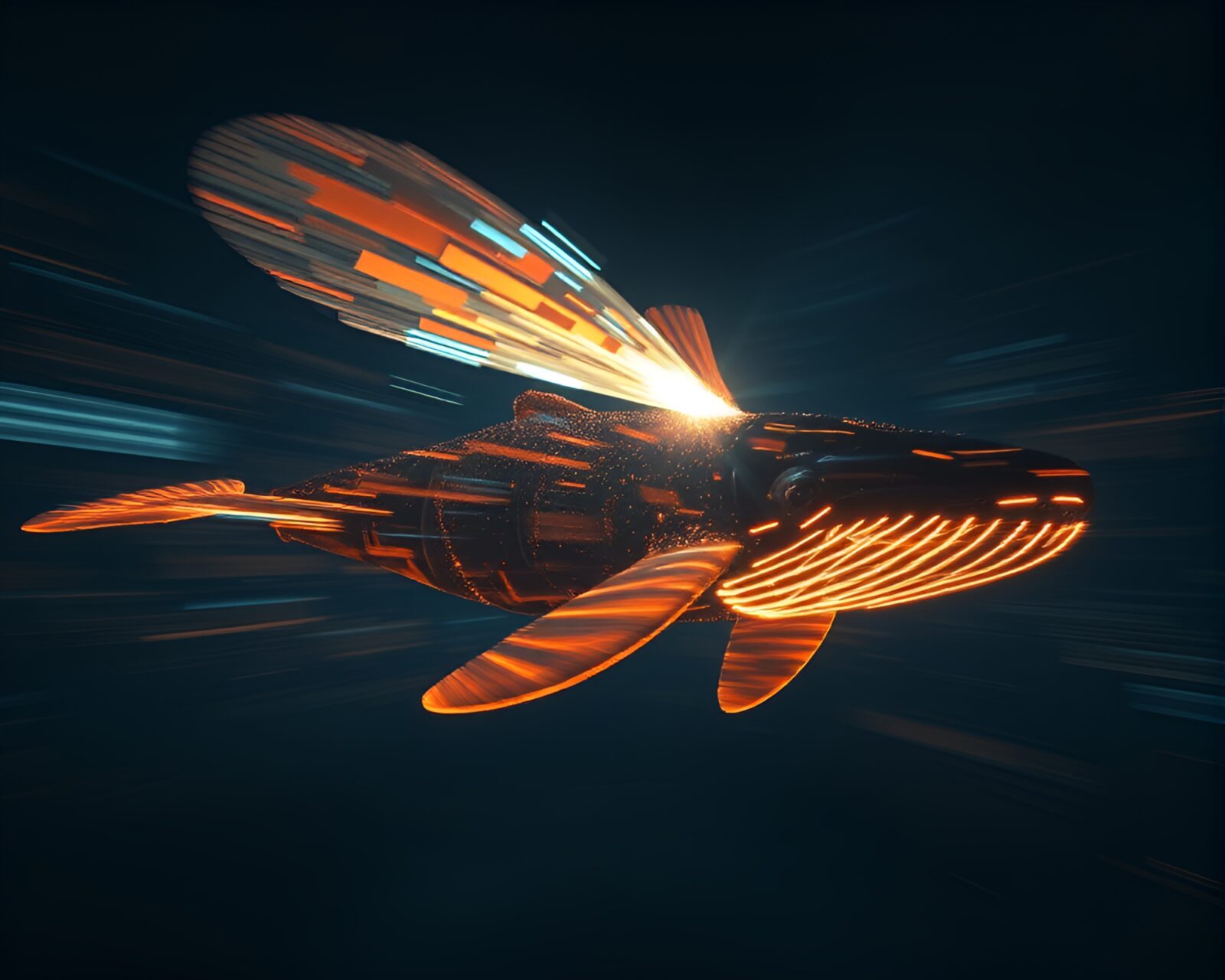 Procedurally generated underwater firefly-lit whale in motion blur