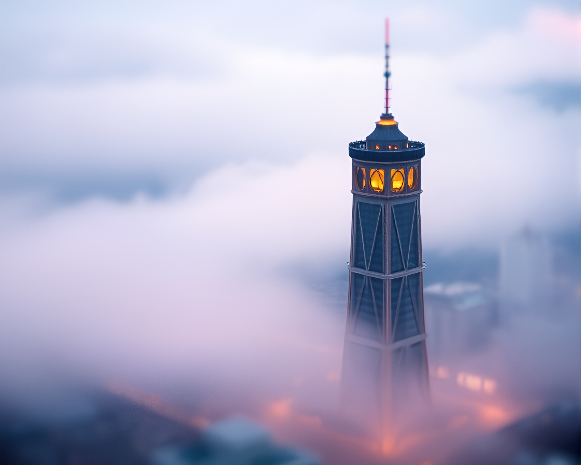 Dawn Mist Tower in Tilt-Shift Miniature World – free AI stock image