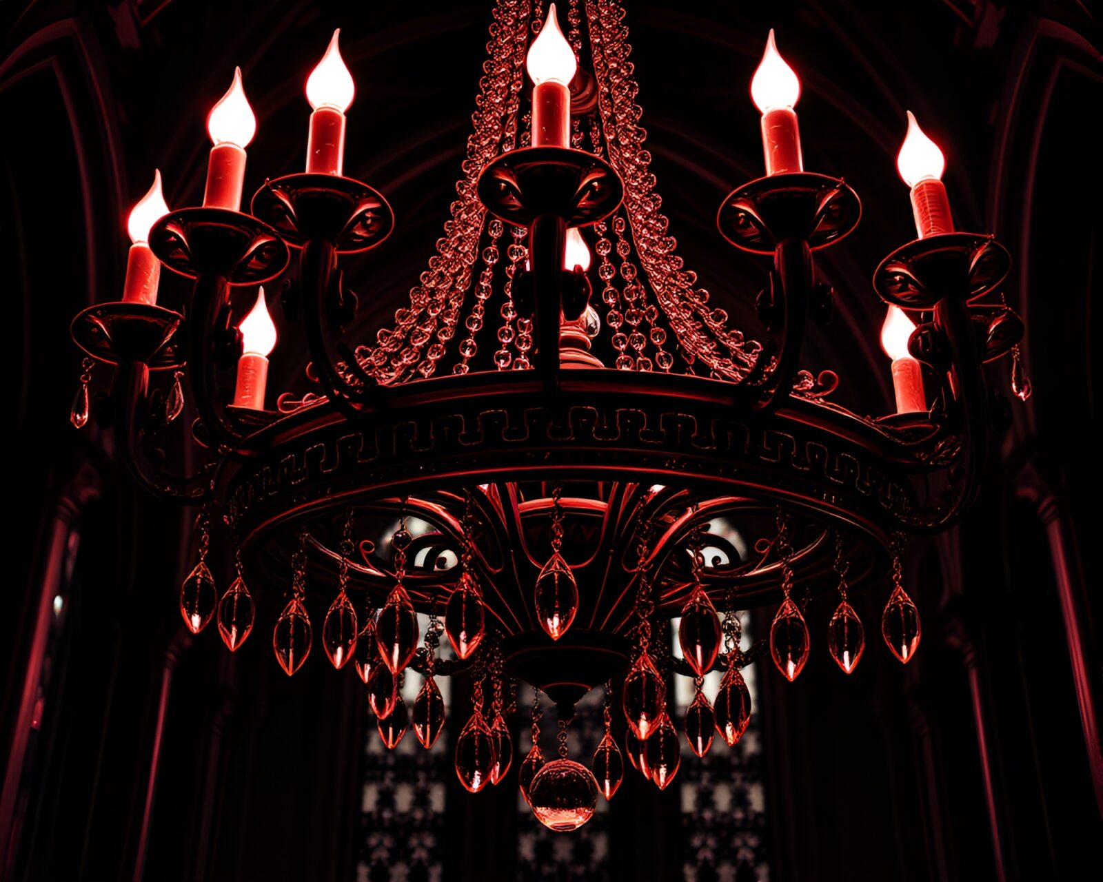 Monochrome red portrait with intricate Gothic chandelier lighting.