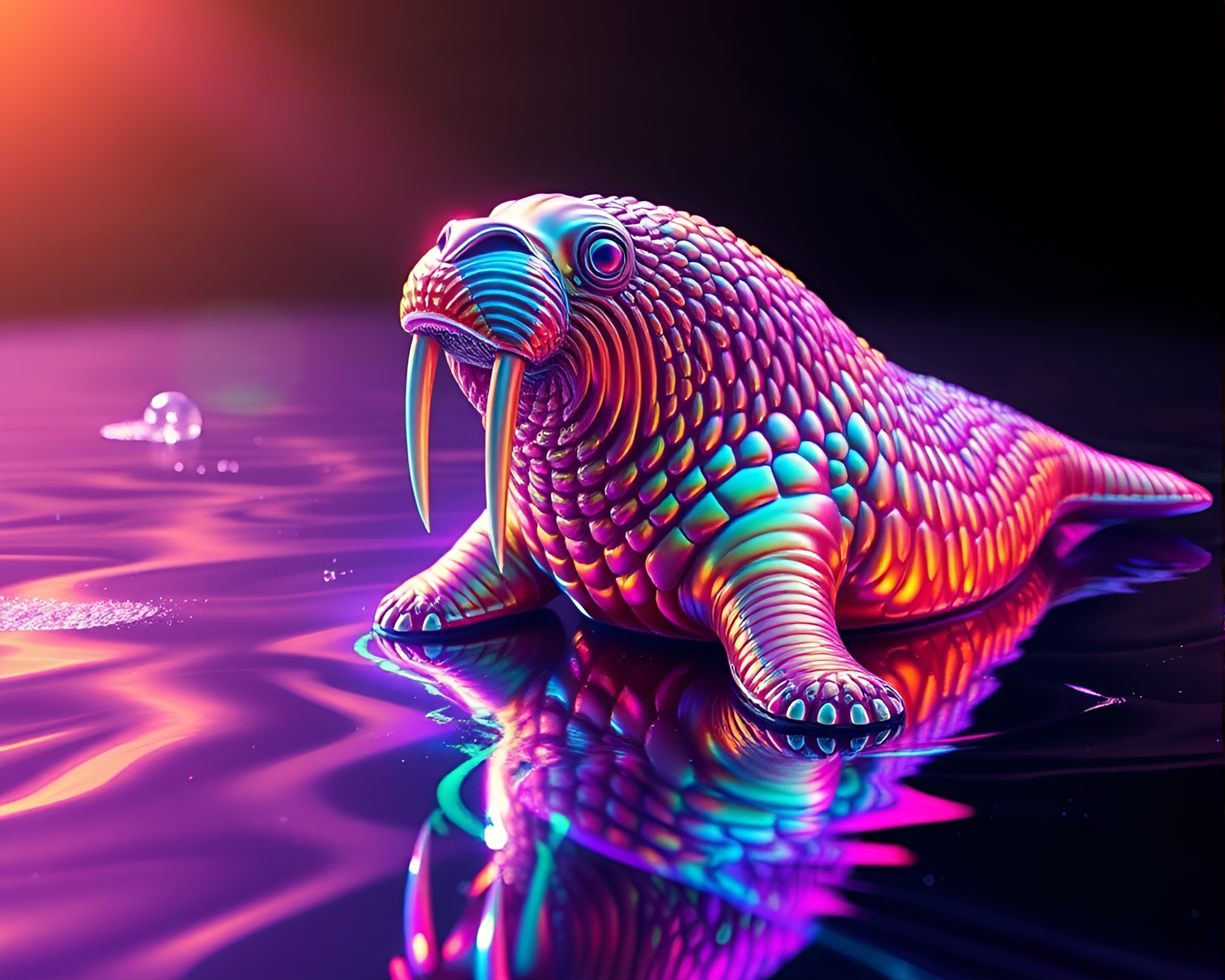 Iridescent Walrus Swimming in Oil Slick Rainbow Waters – free AI stock image