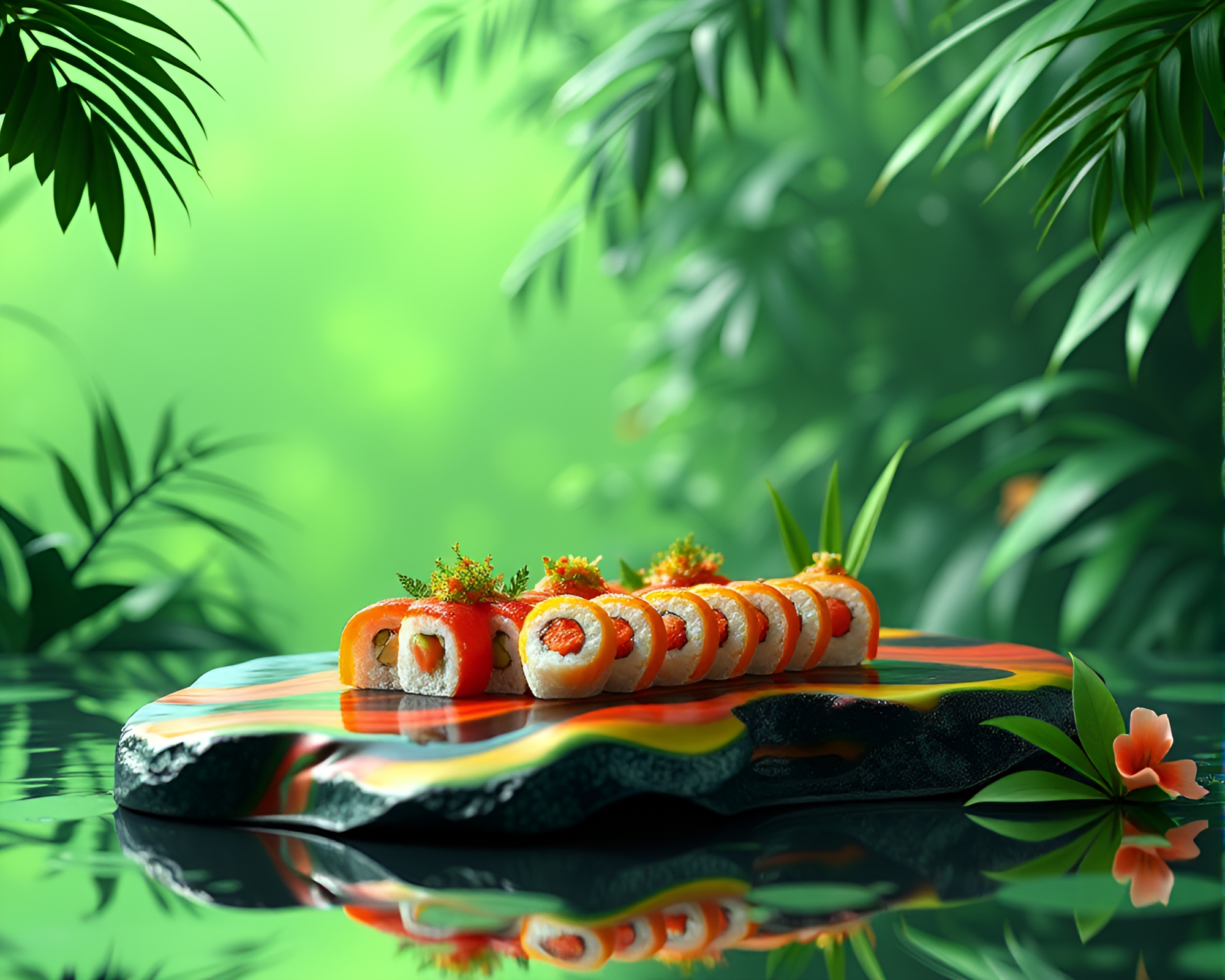 Sushi Rainbow Mirage in Low-Poly Rainforest – free AI stock image