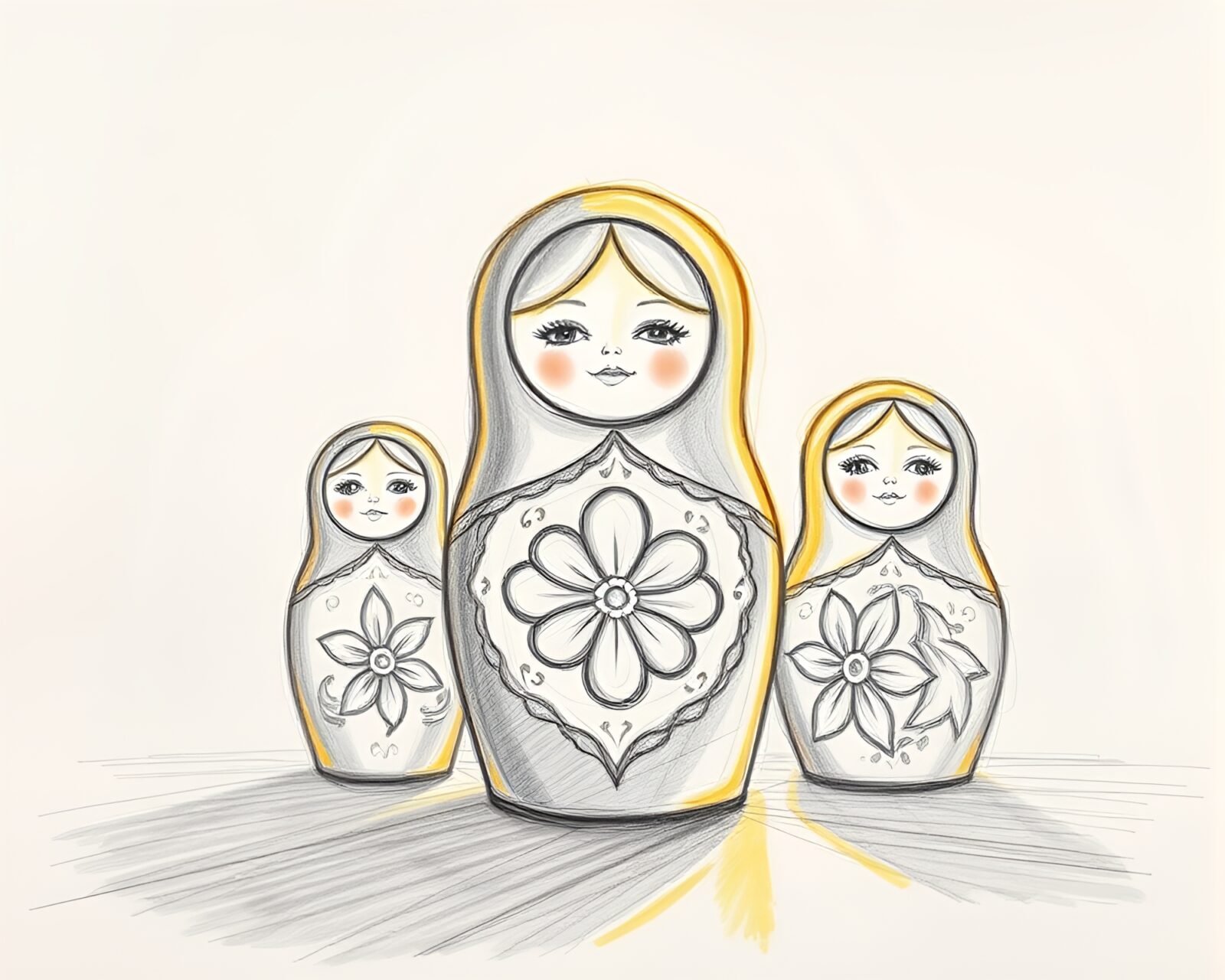 Pencil sketch of Matryoshka dolls under golden sunrise