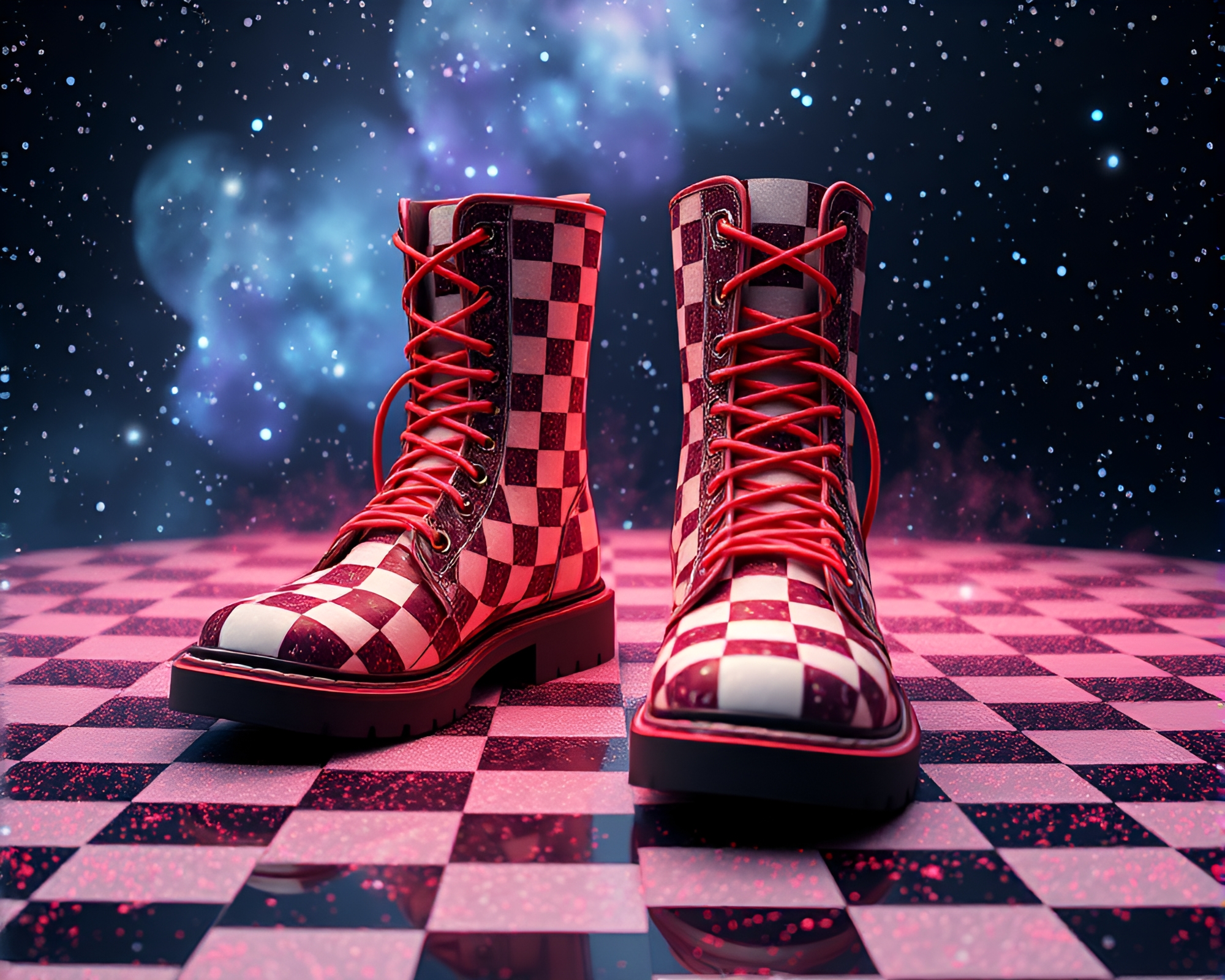 Checkered Gravity Boots in Cosmic Dust World – free AI stock image