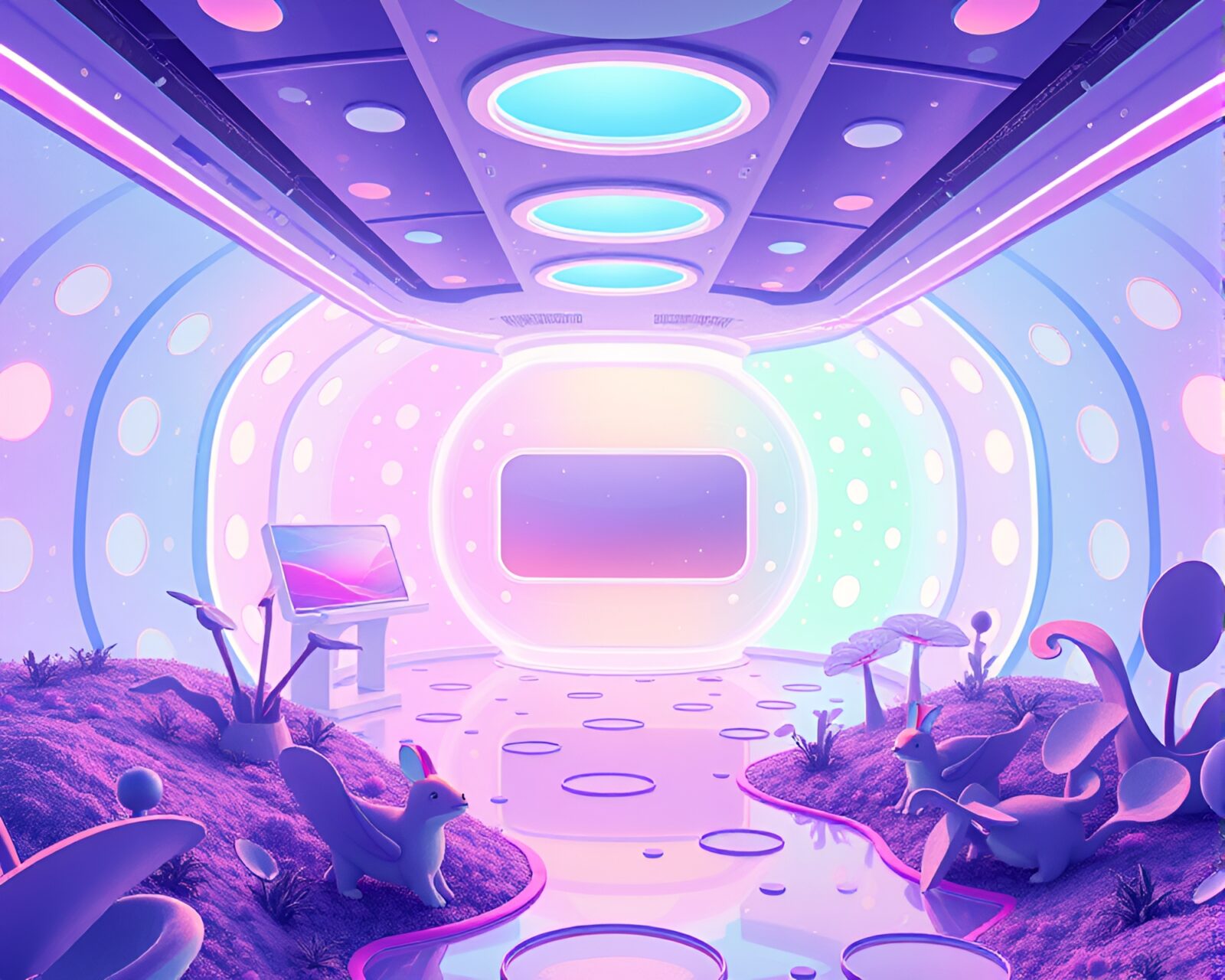 Illustration of a modern VR center with soft mildew accents
