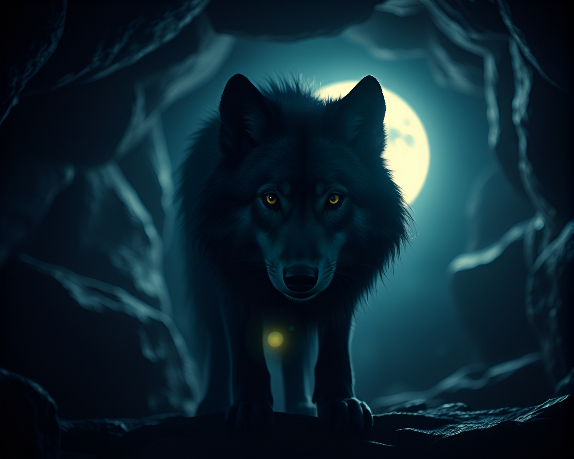 Moonlit Wolf in LED Basement Art – free AI stock image