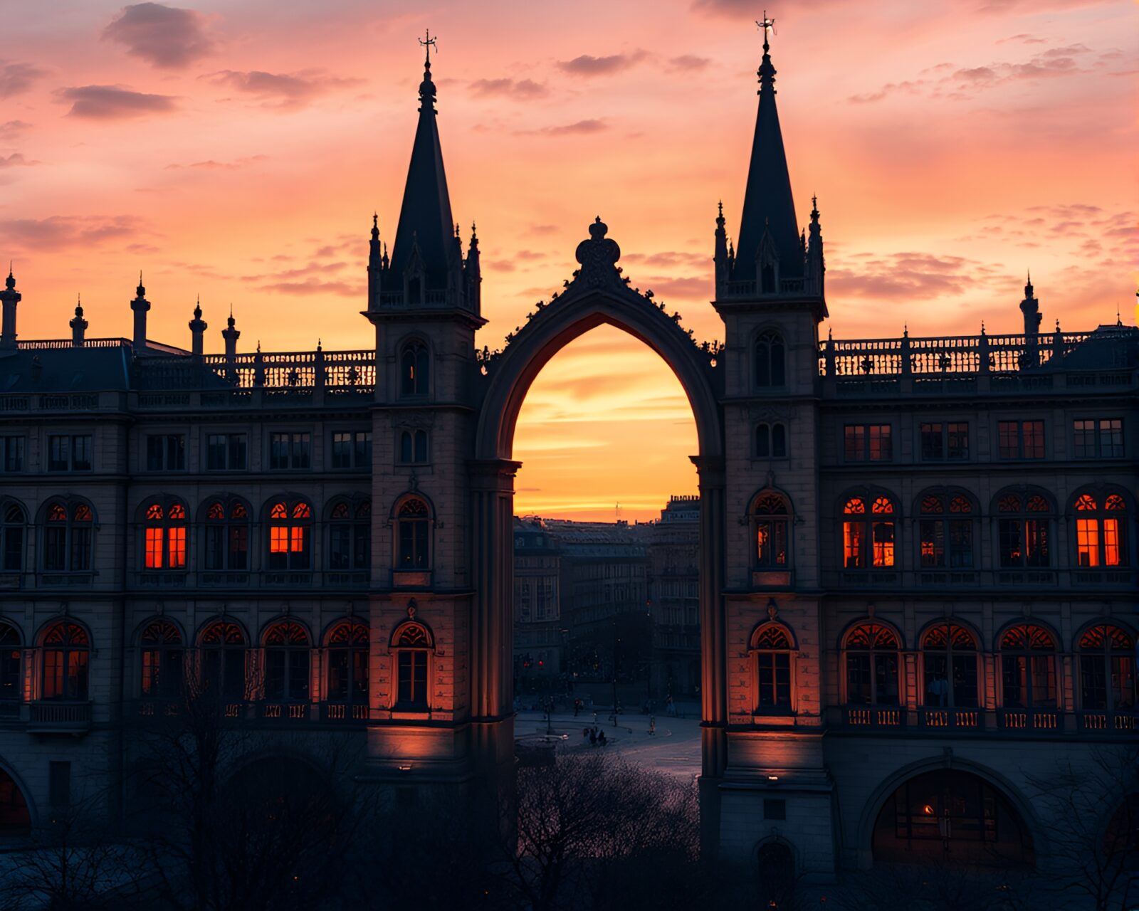 Gothic castle under golden hour lighting with a vampire