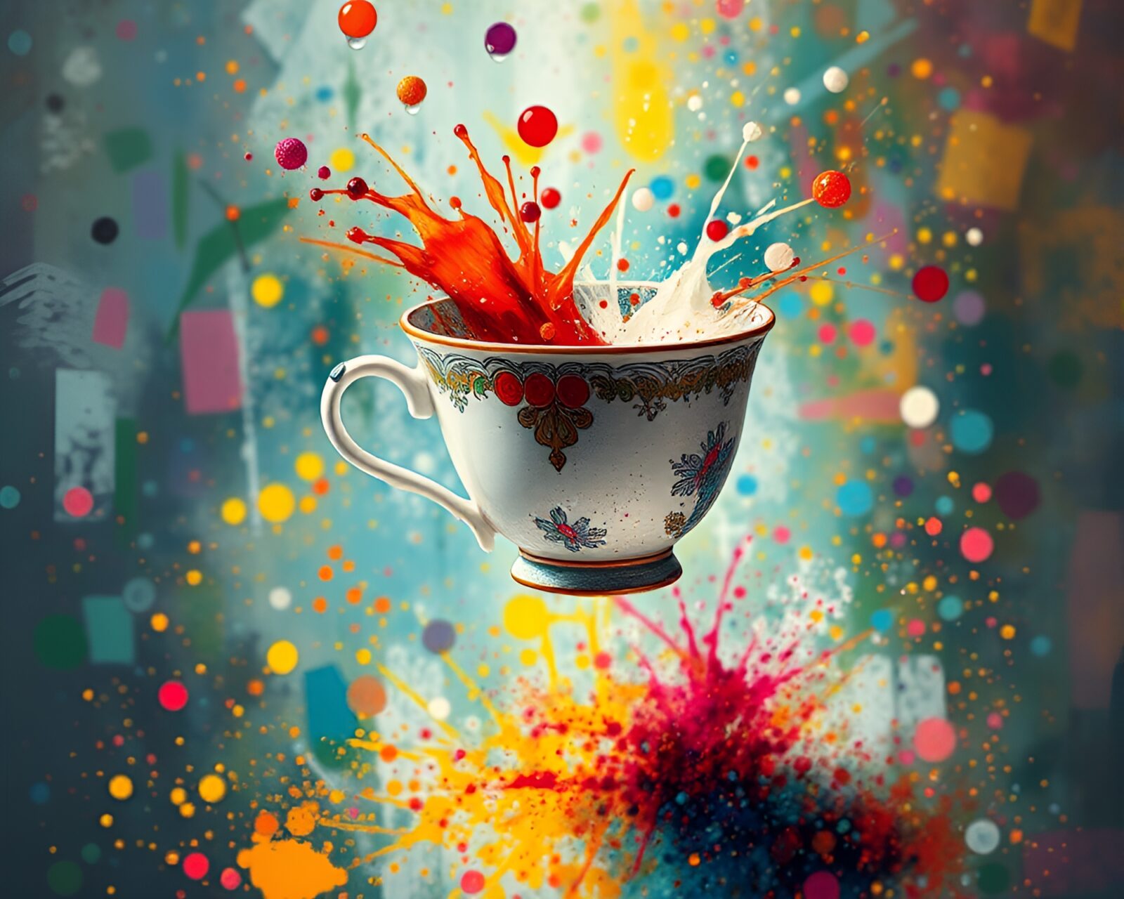 Abstract pointillism painting of tea cup in motion blur