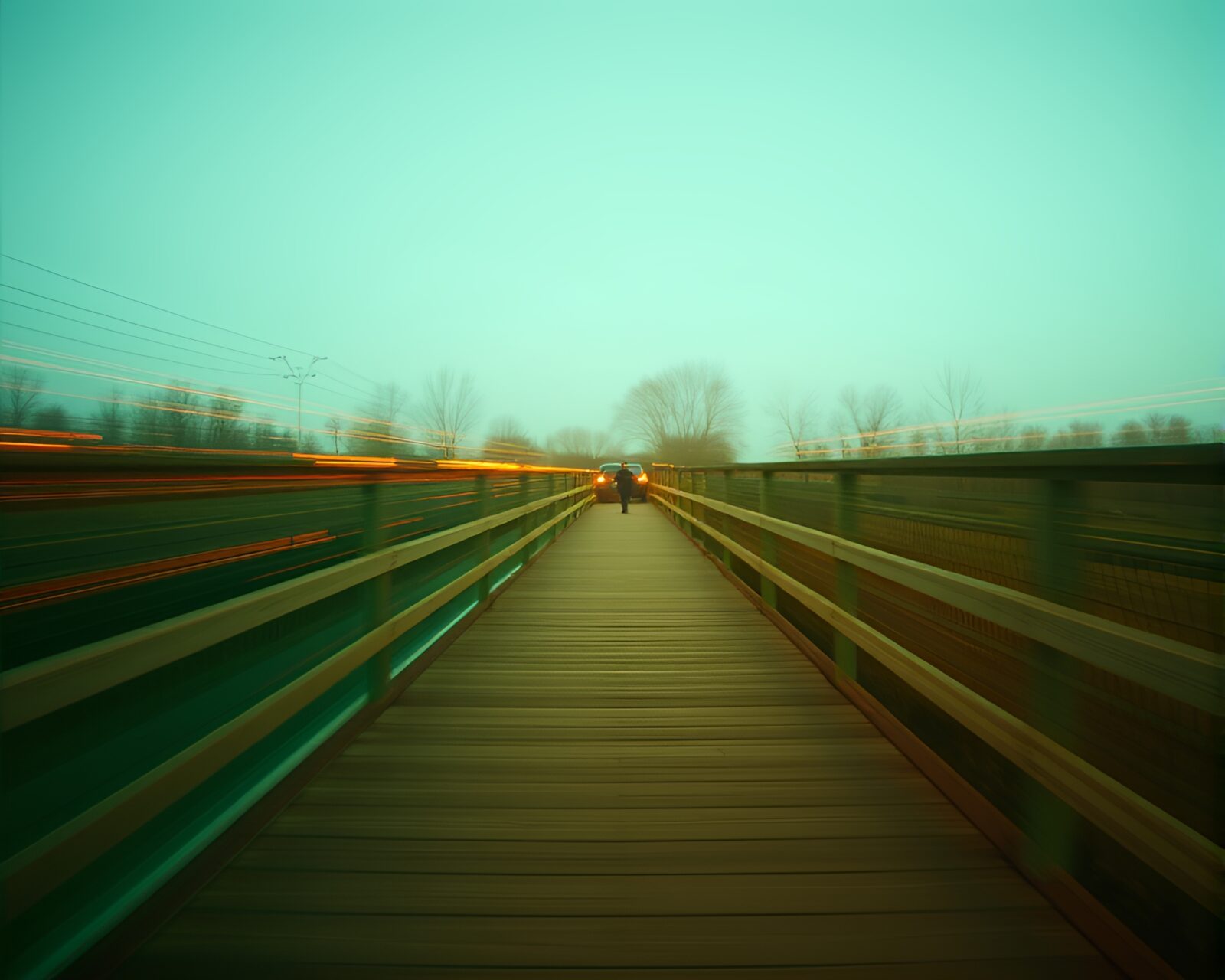 A surreal double exposure image of a wooden bridge with mint green lighting and scan lines