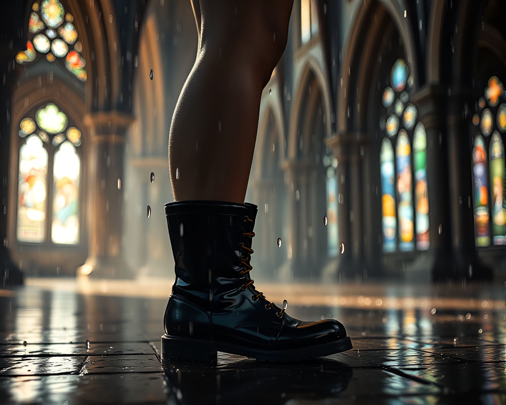 Rain Droplets Dance in Gravity Boots Cathedral Light – free AI stock image
